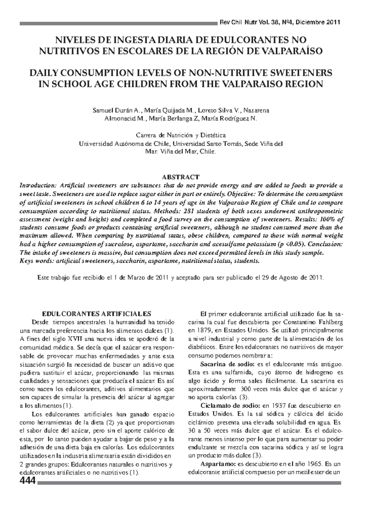 Niveles DE Ingesta Diaria DE Edulcorantes NO Nutritivos EN Escolares ...