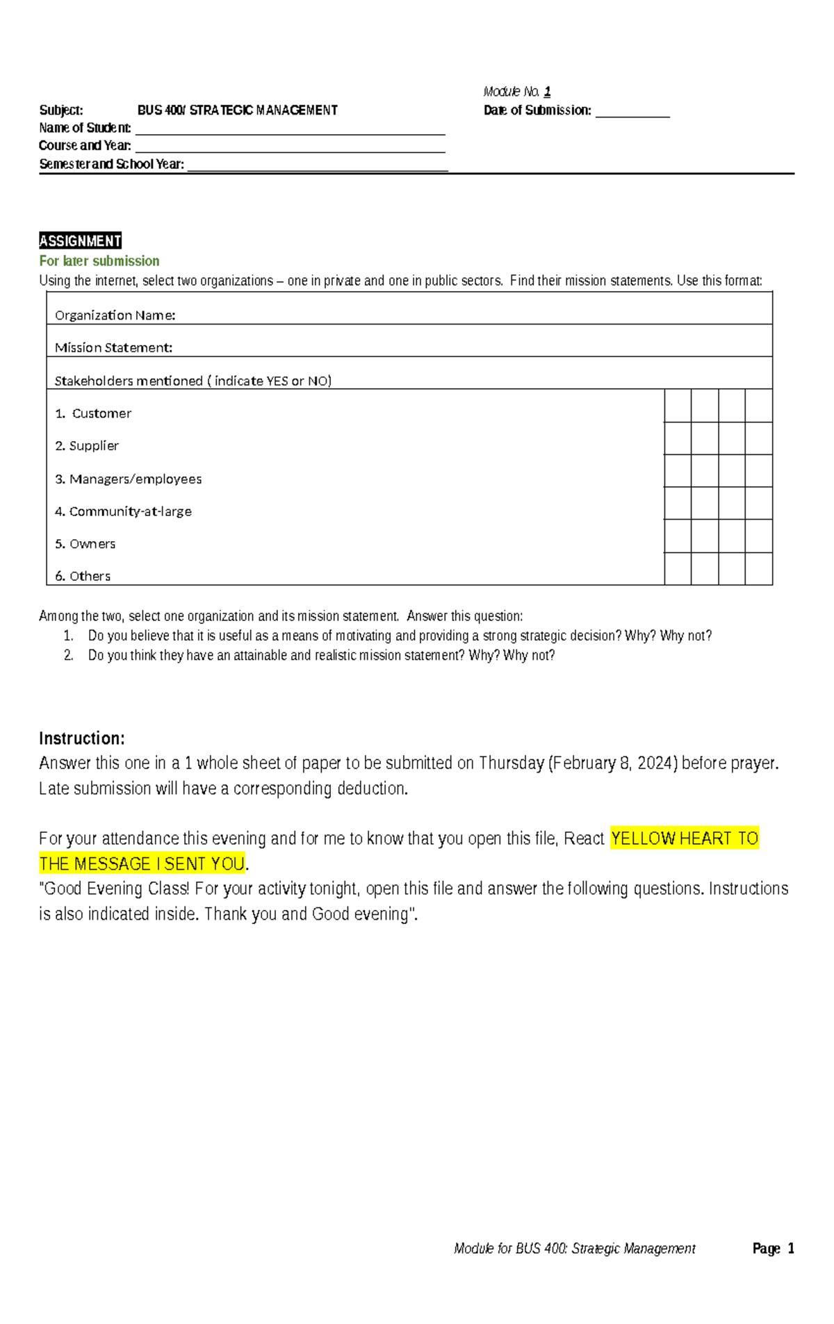 Vvv - Assignment - Module No. 1 Subject: BUS 400/ STRATEGIC MANAGEMENT ...