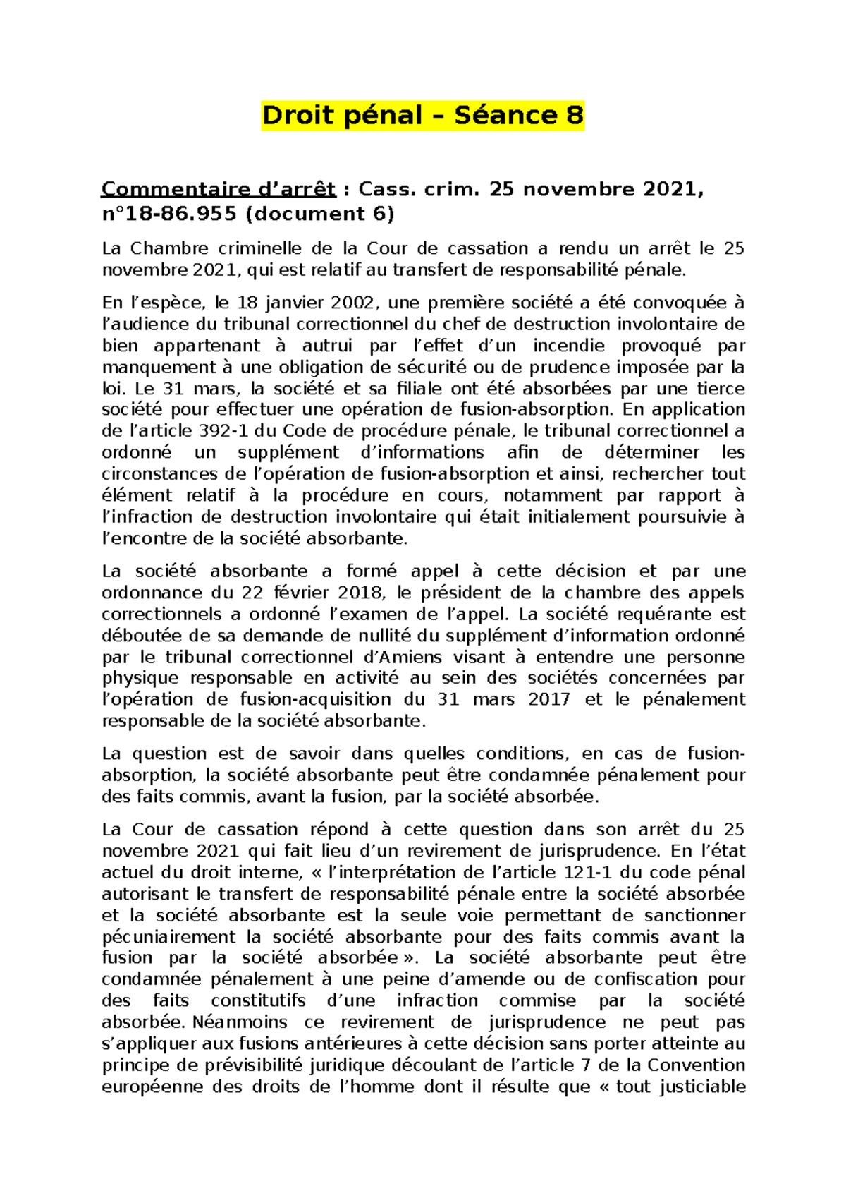 TD Droit pénal 8 d'arrêt) Droit pénal Séance 8