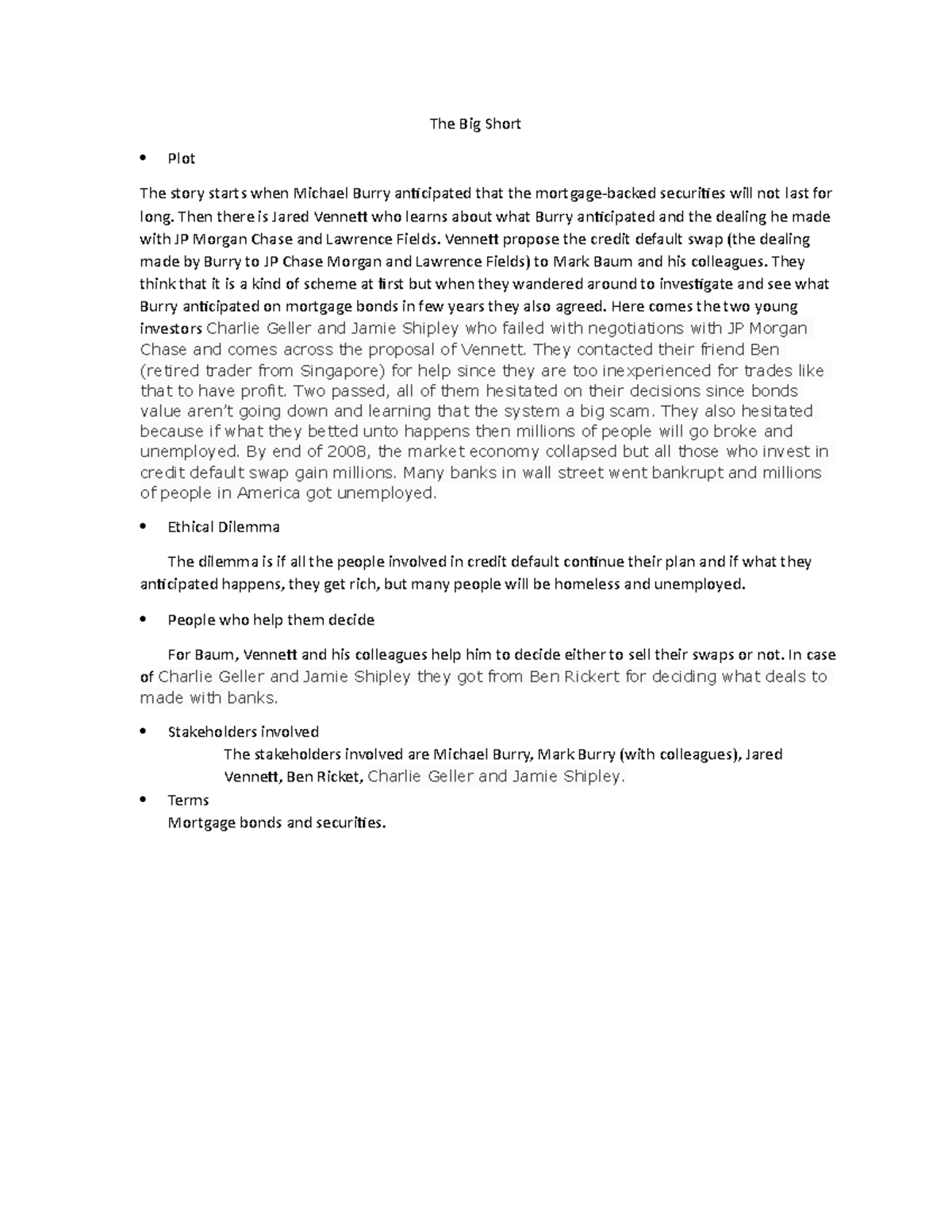 The Big Short Movie Synopsis and Summaries Assurance Principles