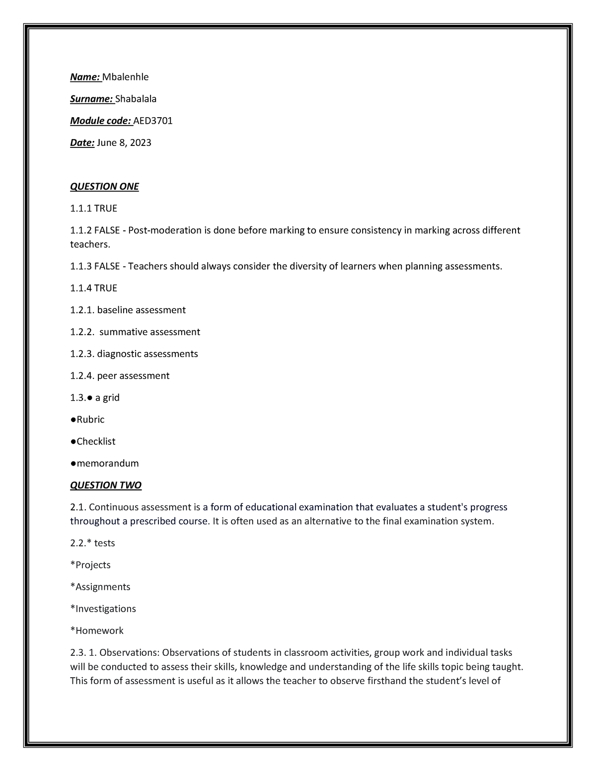 AED3701 Assignment TWO - Name: Mbalenhle Surname: Shabalala Module code ...