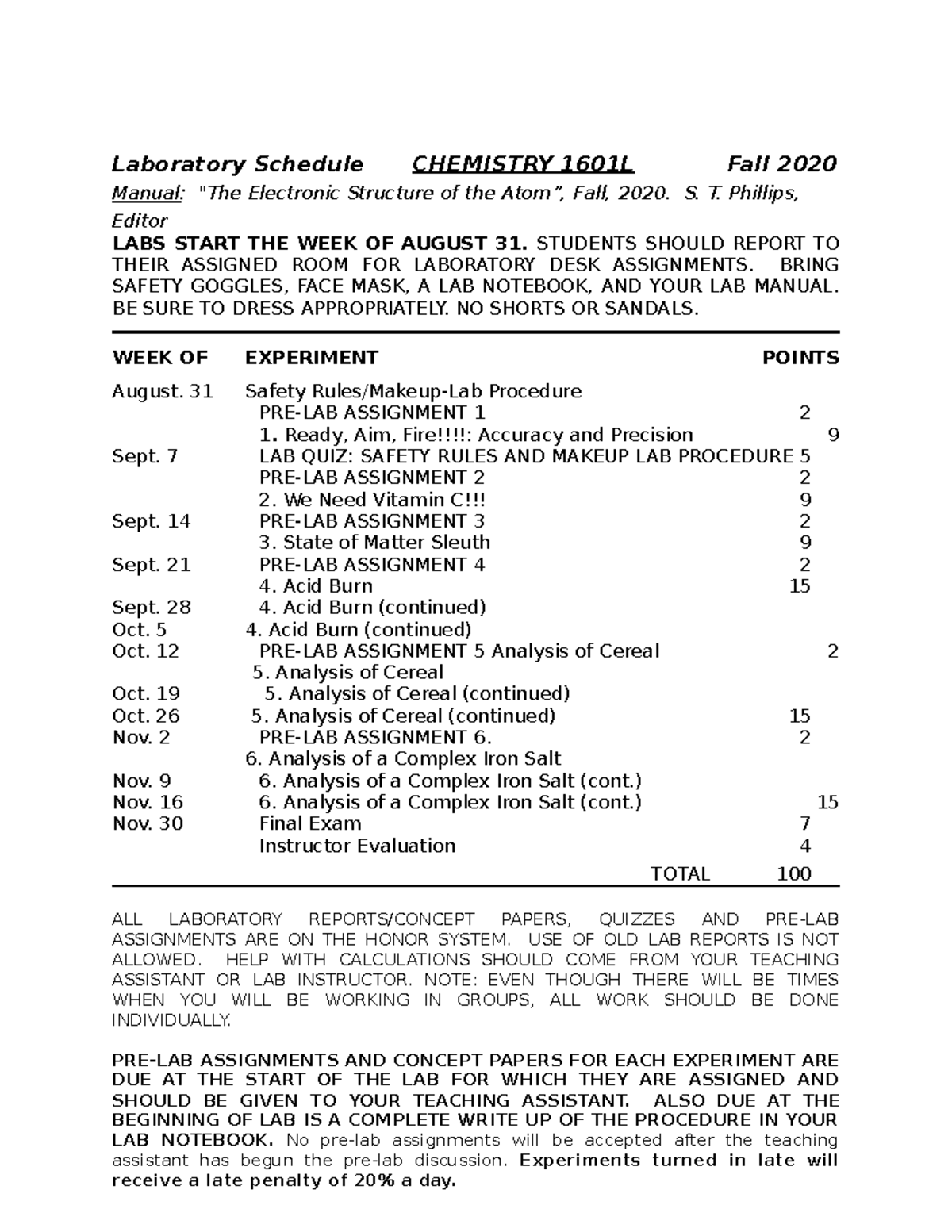 Chem 1601L lab syllabus F2020 Laboratory Schedule CHEMISTRY 1601L