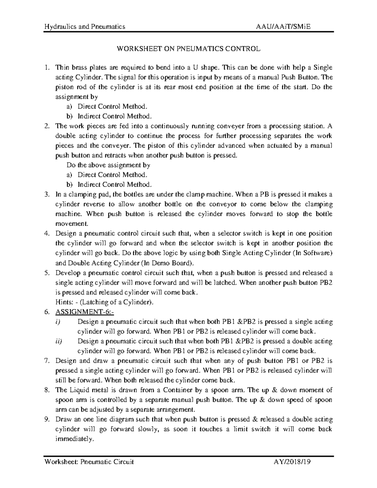Worksheet on Pneumatic Circuit Hydraulics and Pneumatics AAU/AAiT