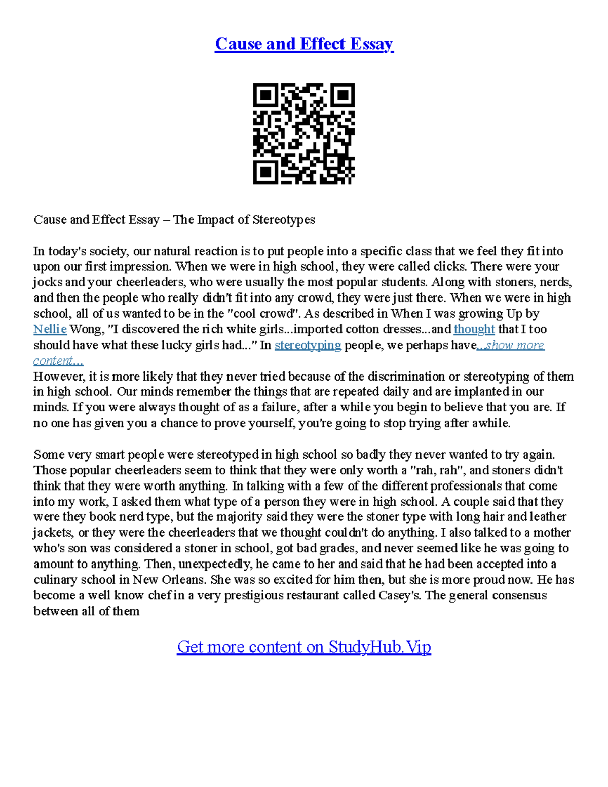Cause And Effect Essays Sample - Cause and Effect Essay Cause and ...