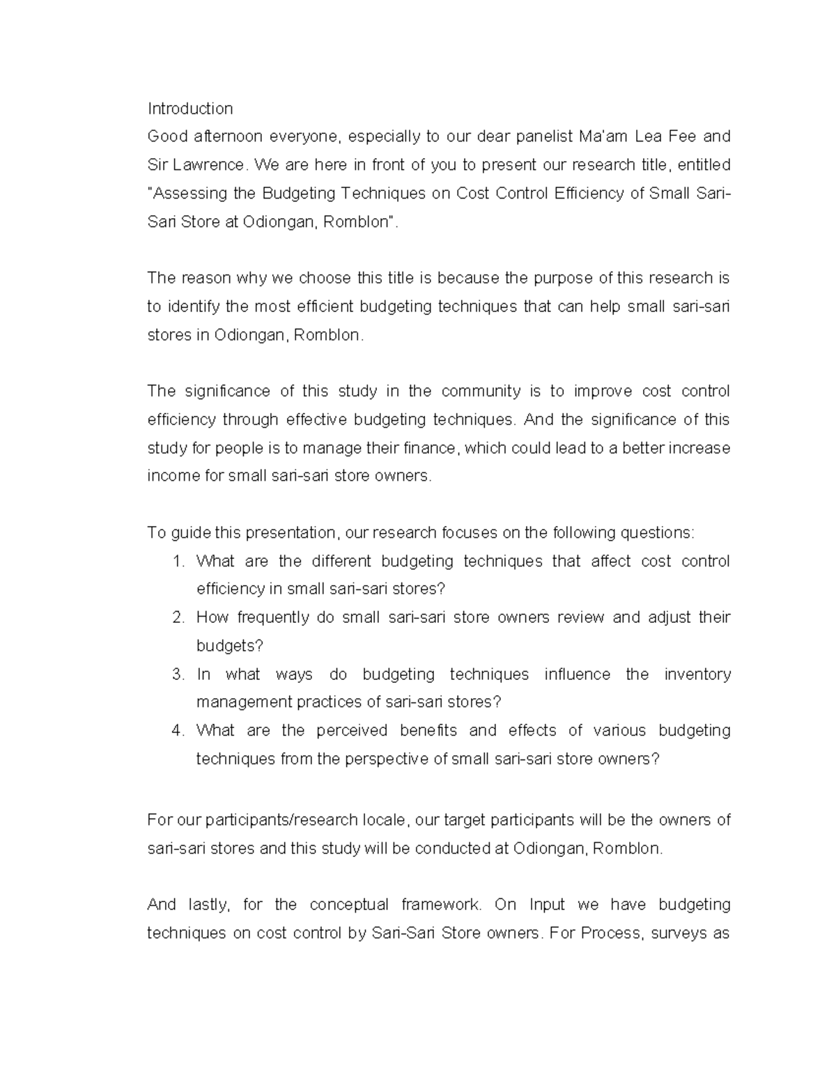 Script-PR2 - Script guid for research - Introduction Good afternoon ...