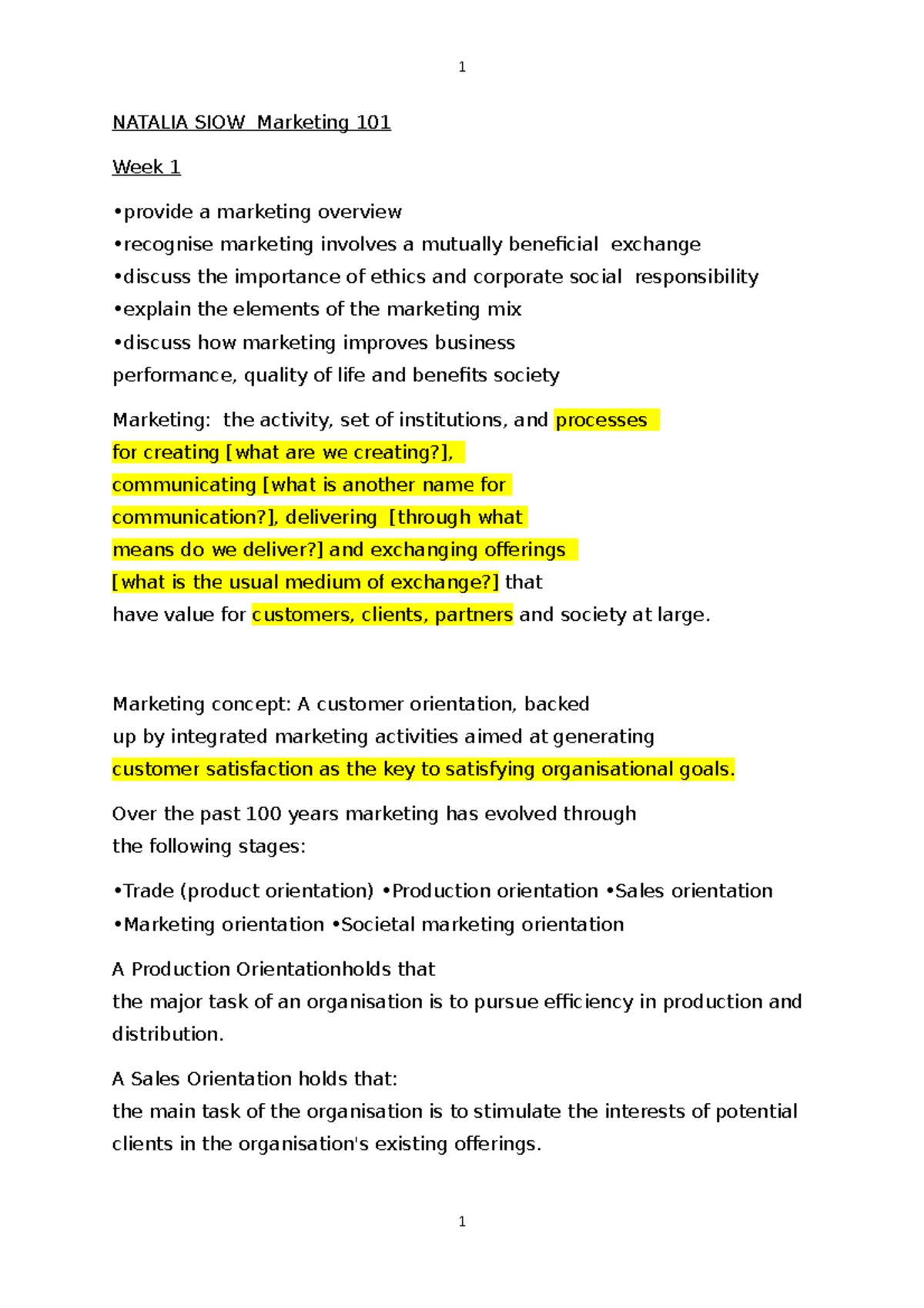 Exam notes Marketing 101 - 1 NATALIA SIOW Marketing 101 Week 1 a ...