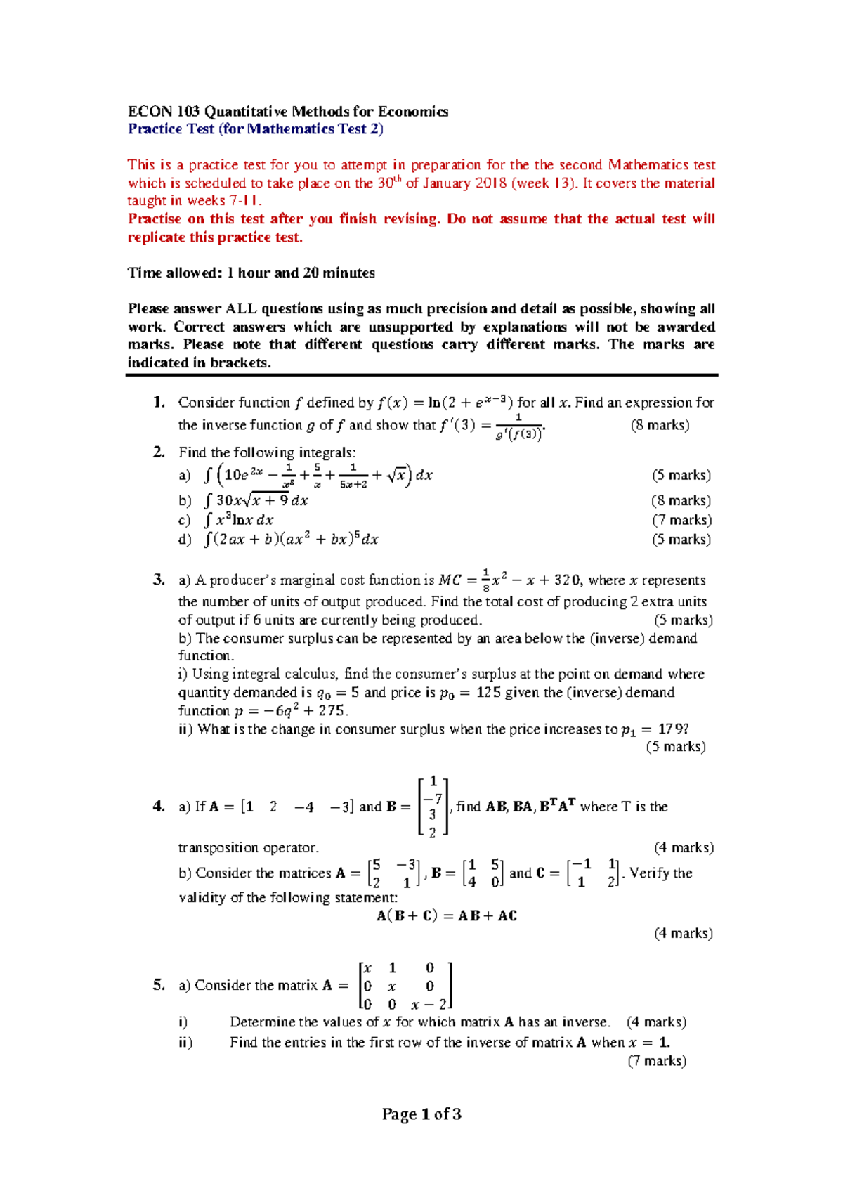 ECON103 Practice Test 2 - ECON 103 Quantitative Methods for Economics ...