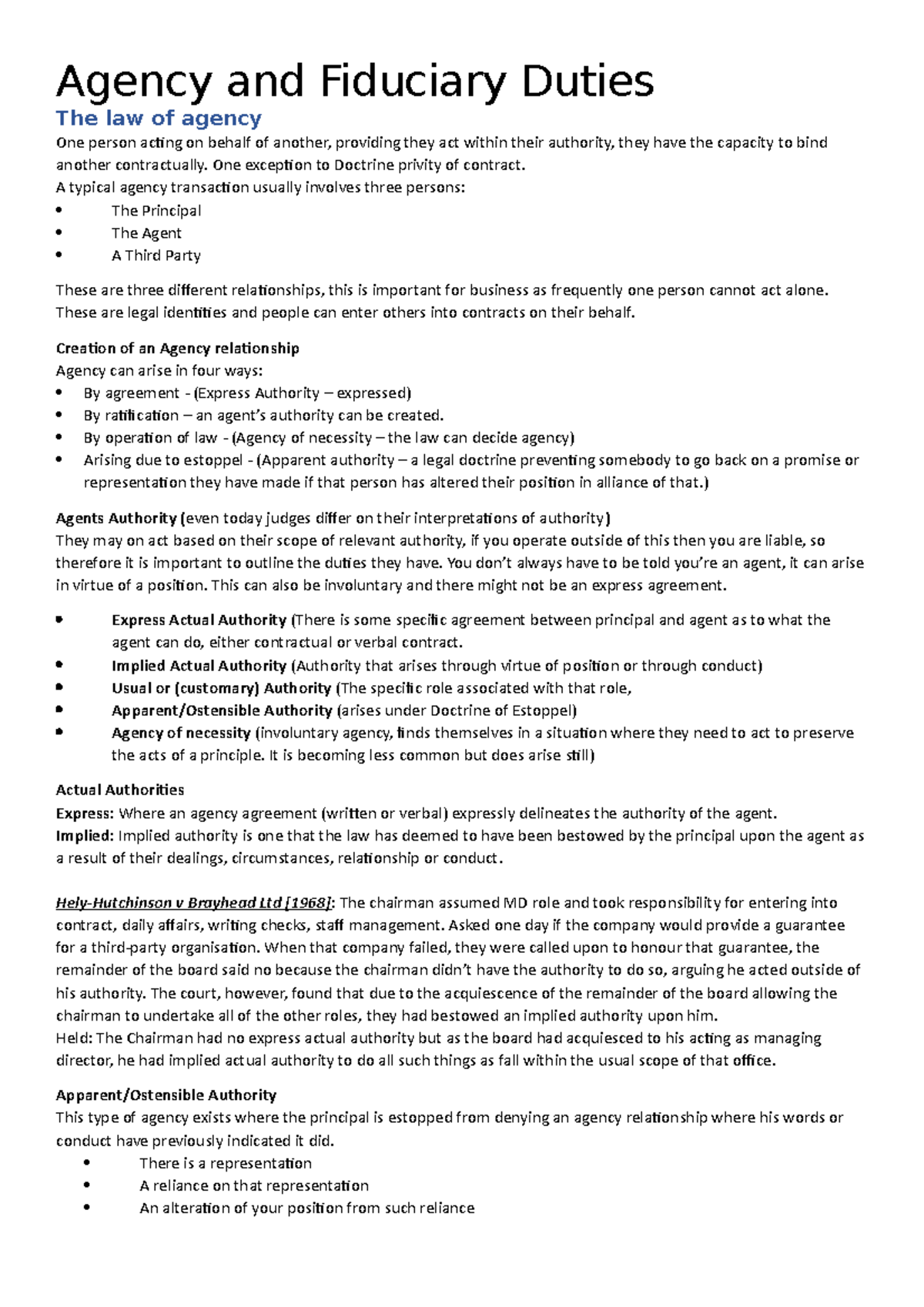 Lecture 5 Agency and Fiduciary Duties Agency and Fiduciary Duties The law of agency One