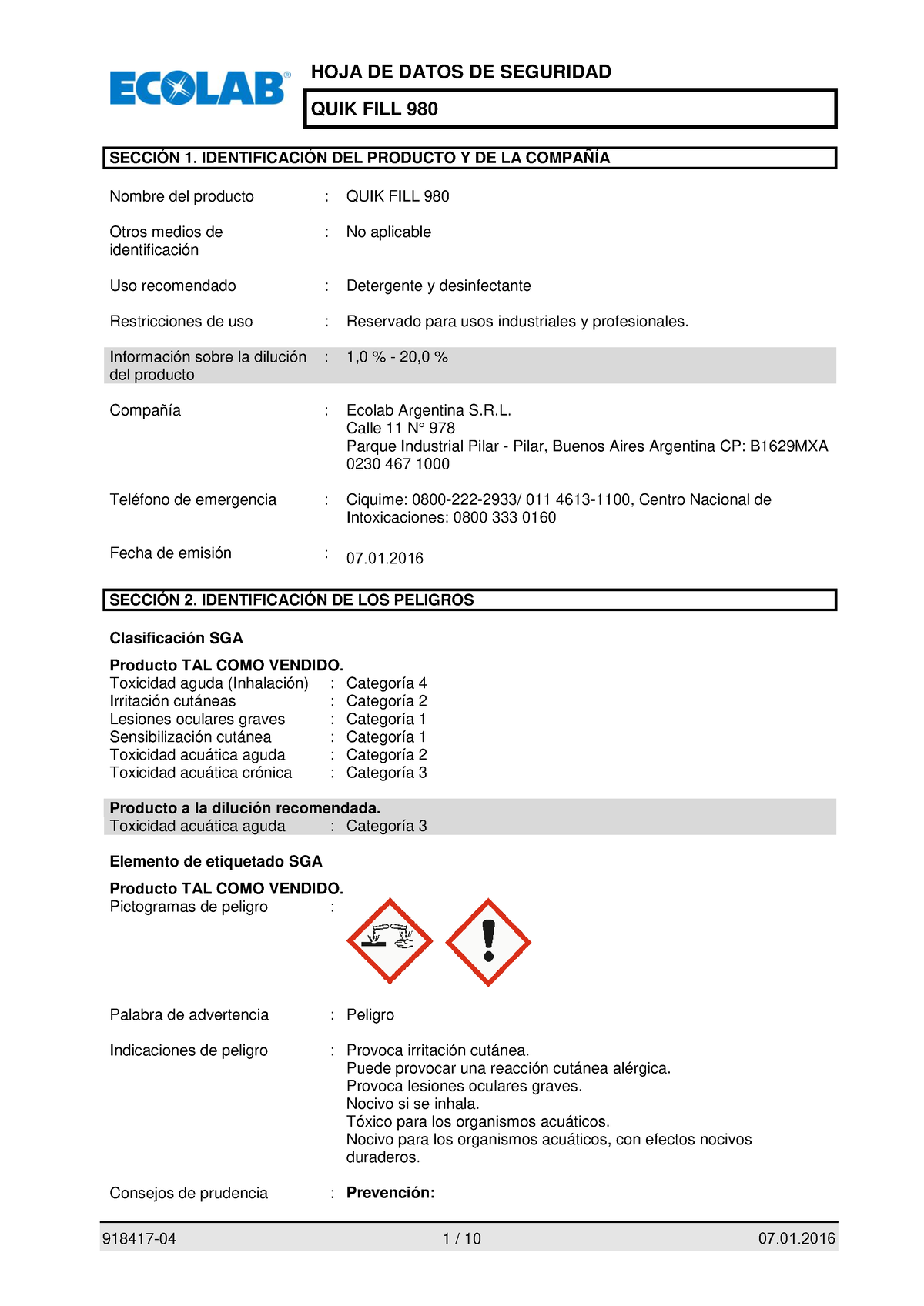 Quik Fill 980 - Ecolab - LEER - QUIK FILL 980 SECCIÓN 1. IDENTIFICACIÓN ...