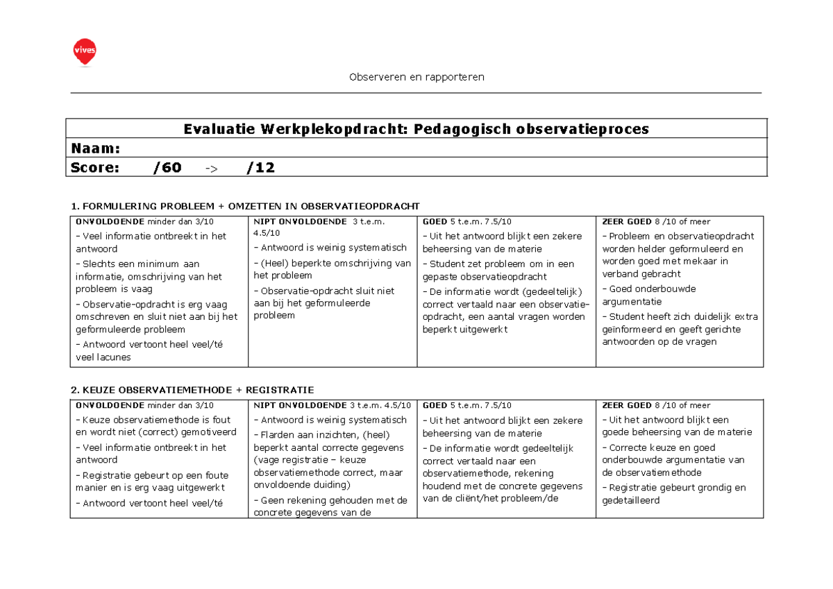 231 - Evaluatie Werkplekopdracht Pedagogisch observatieproces - - Studocu