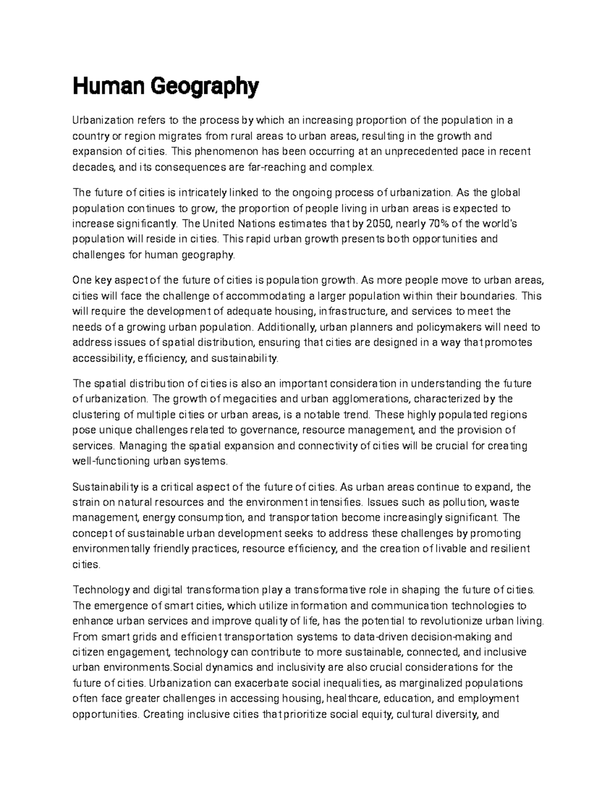 Human Geography1 Notes Human Geography Urbanization refers to the
