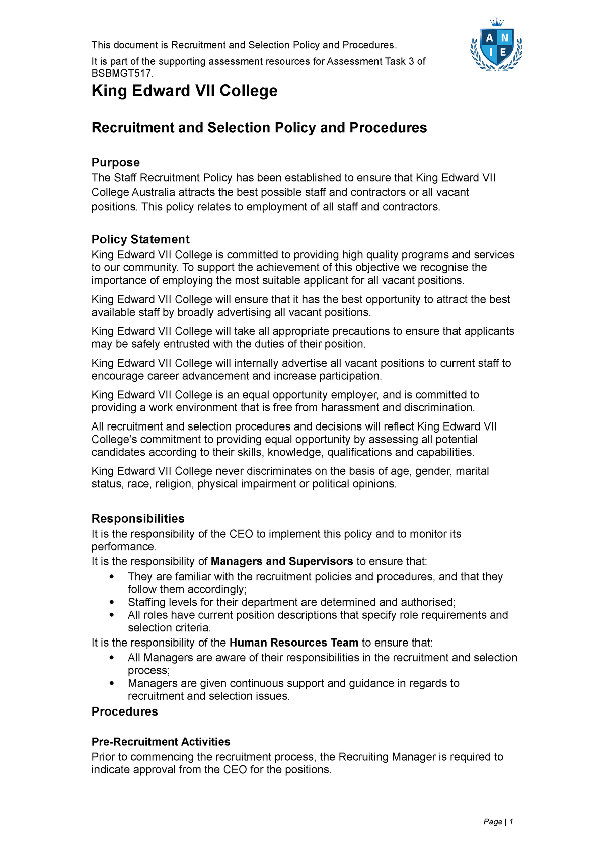 Recruitment and Selection Policy and Procedures - It is part of the ...