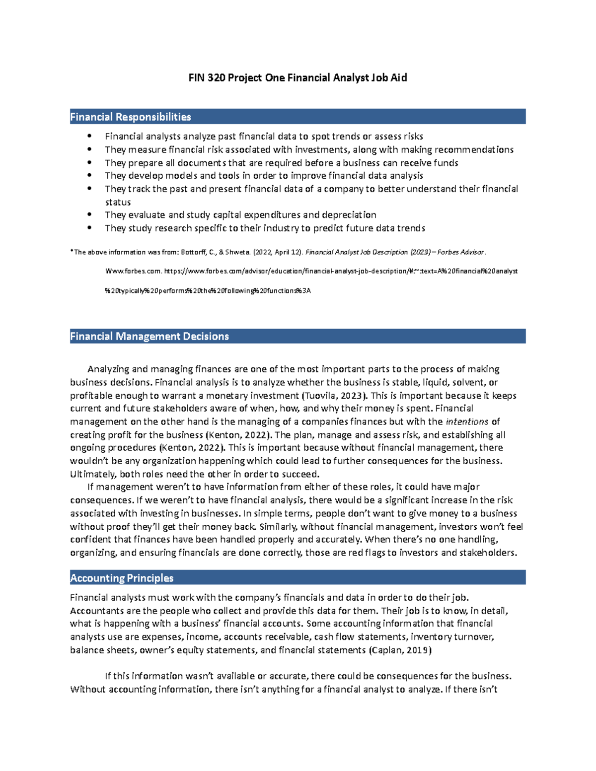 FIN 320 Project One Financial Analyst Job Aid - , & Shweta. (2022 ...