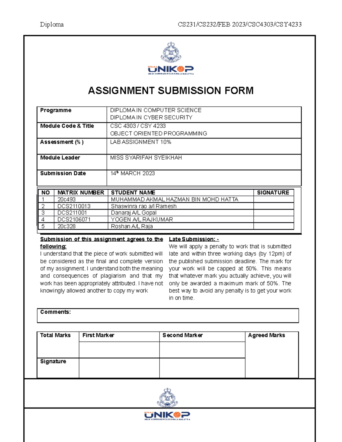 nsc assignment form