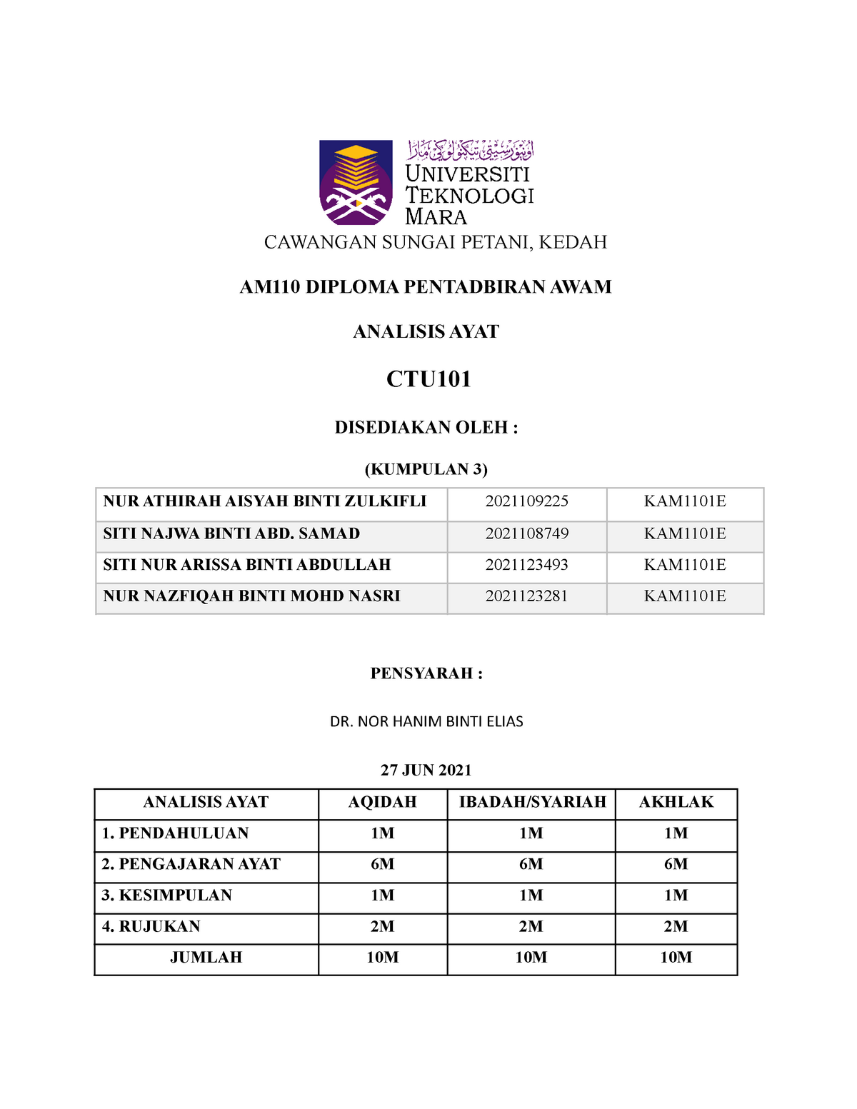 contoh assignment ctu101 uitm