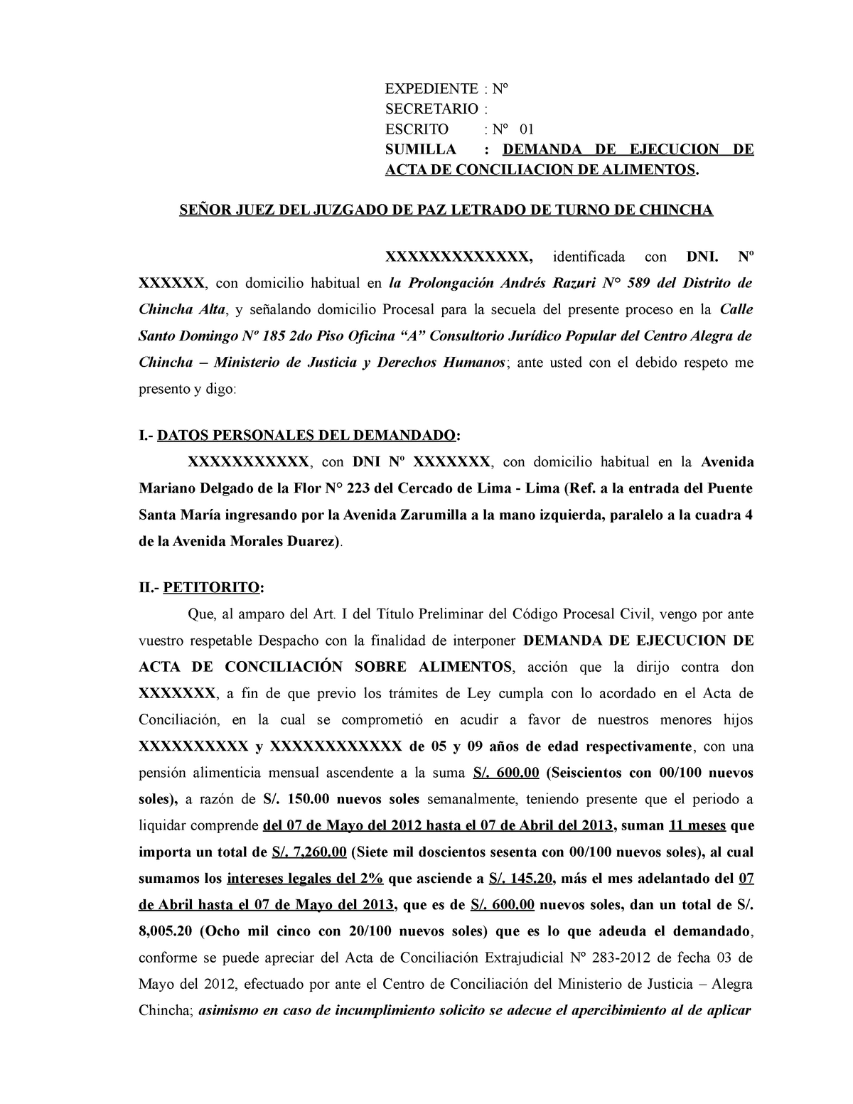 Modelo DE Demanda DE Ejecucion DE ACTA DE Conciliacion DE Alimentos -  derecho procesal - Studocu