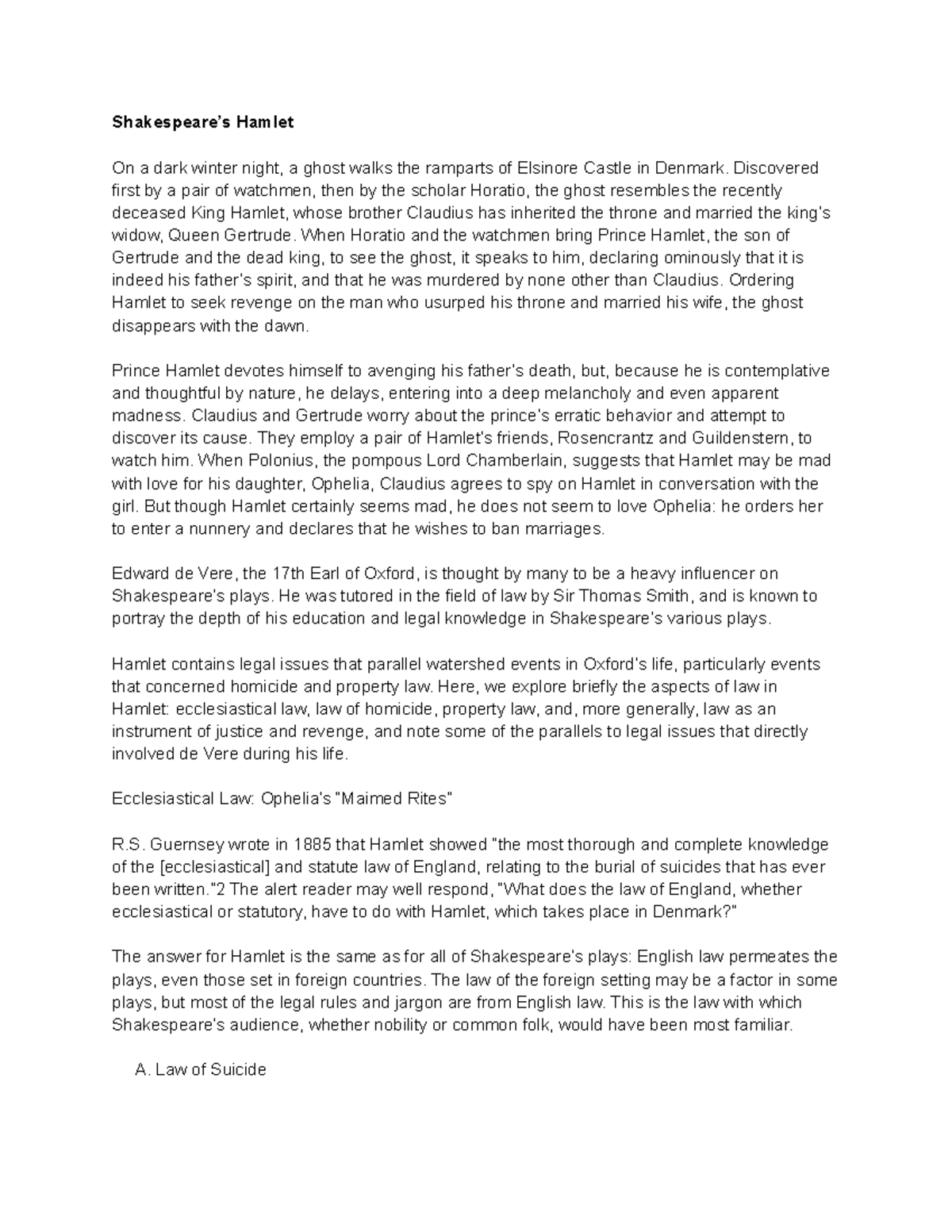 Shakespeare Shakespeare’s Hamlet On a dark winter night, a ghost