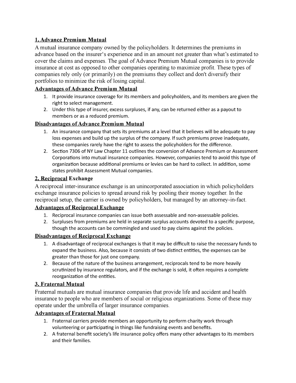 Study notes - Advantages and disadvantages - 1. Advance Premium Mutual ...