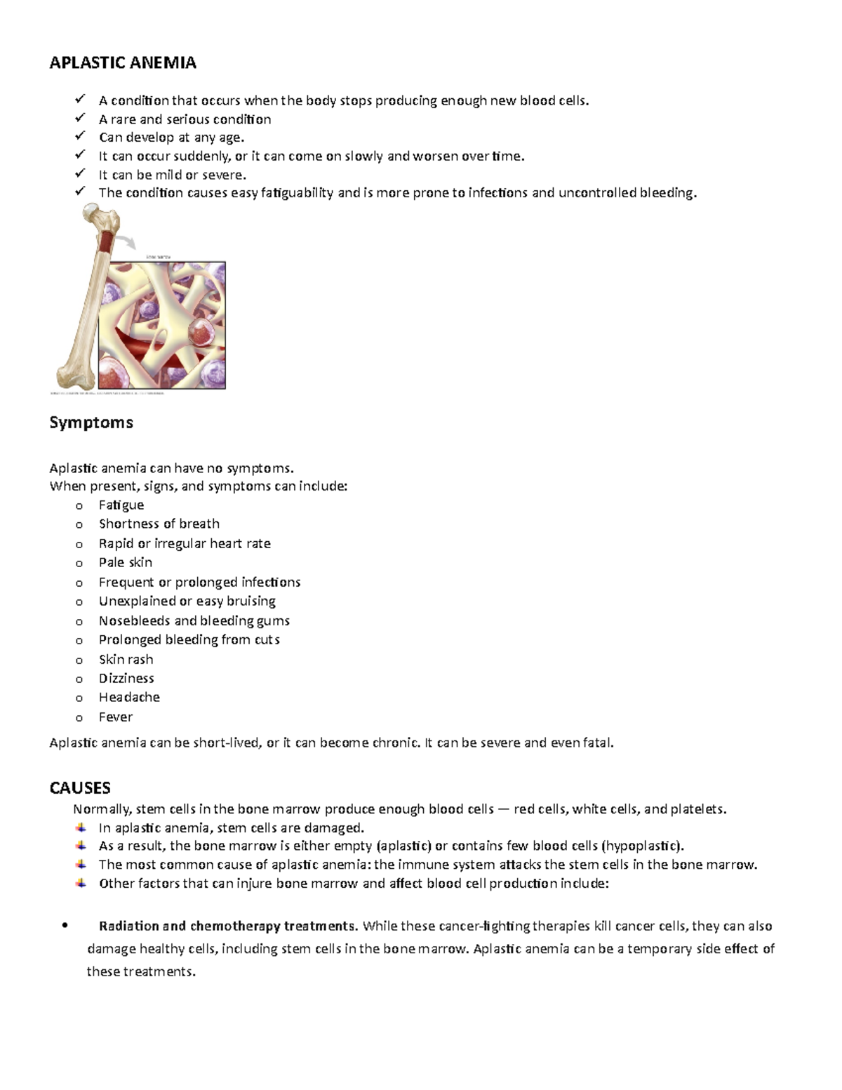 Aplastic Anemia - Notes - APLASTIC ANEMIA A condition that occurs when ...