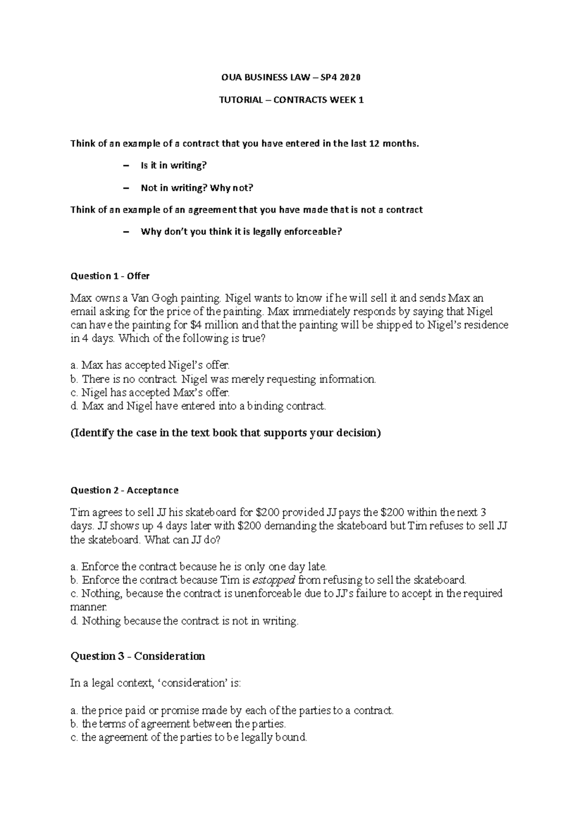 2021 Contract Tutorial Questions - Student - OUA BUSINESS LAW – SP4 ...