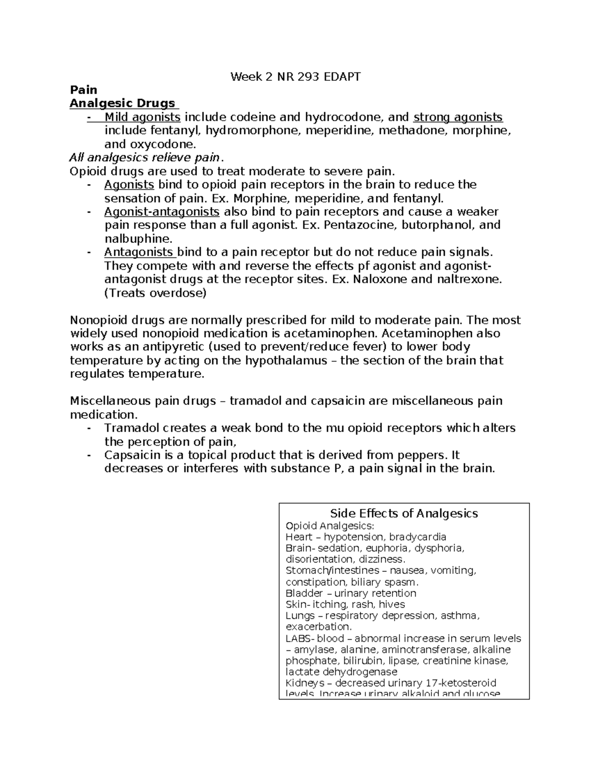 Week 2 NR 293 Edapt - Summary Pharmacology For Nursing Practice - Week ...