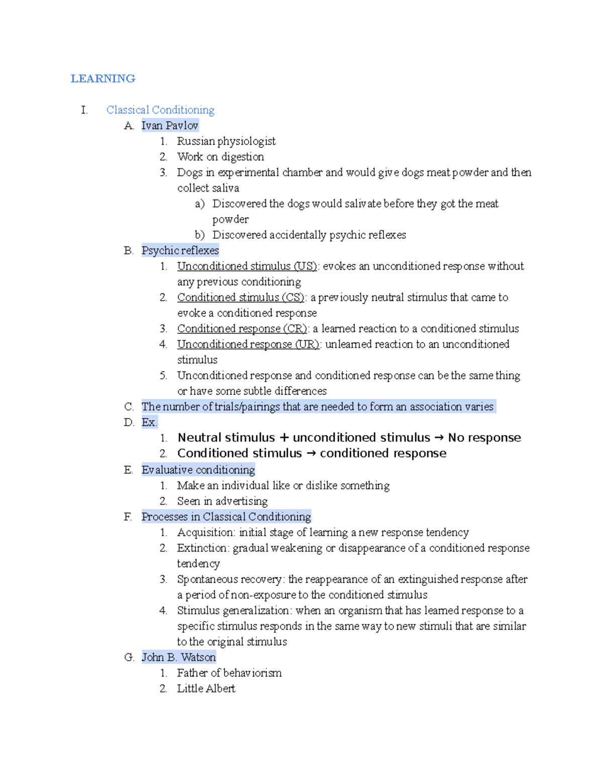 PSYC Notes Chapter 6 - LEARNING I. Classical Conditioning A. Ivan ...
