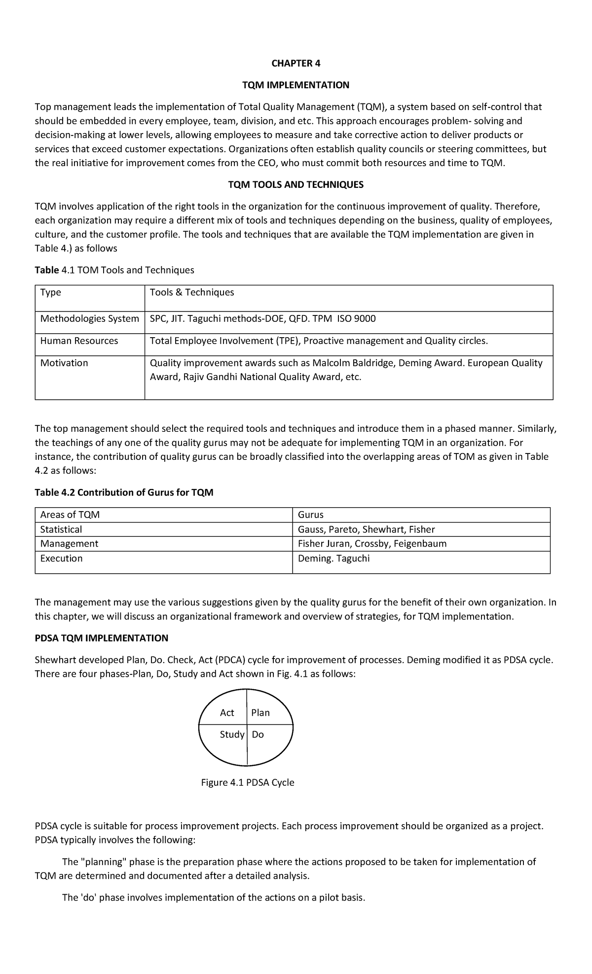 Chapter-4-TQM - CHAPTER 4 TQM IMPLEMENTATION Top management leads the ...