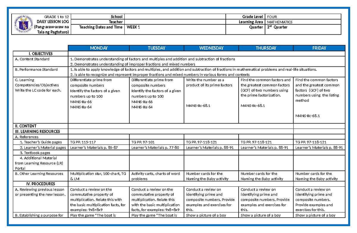 DLL Mathematics Quarter 2 WEEK 1 9 - GRADE 1 to 12 DAILY LESSON LOG ...