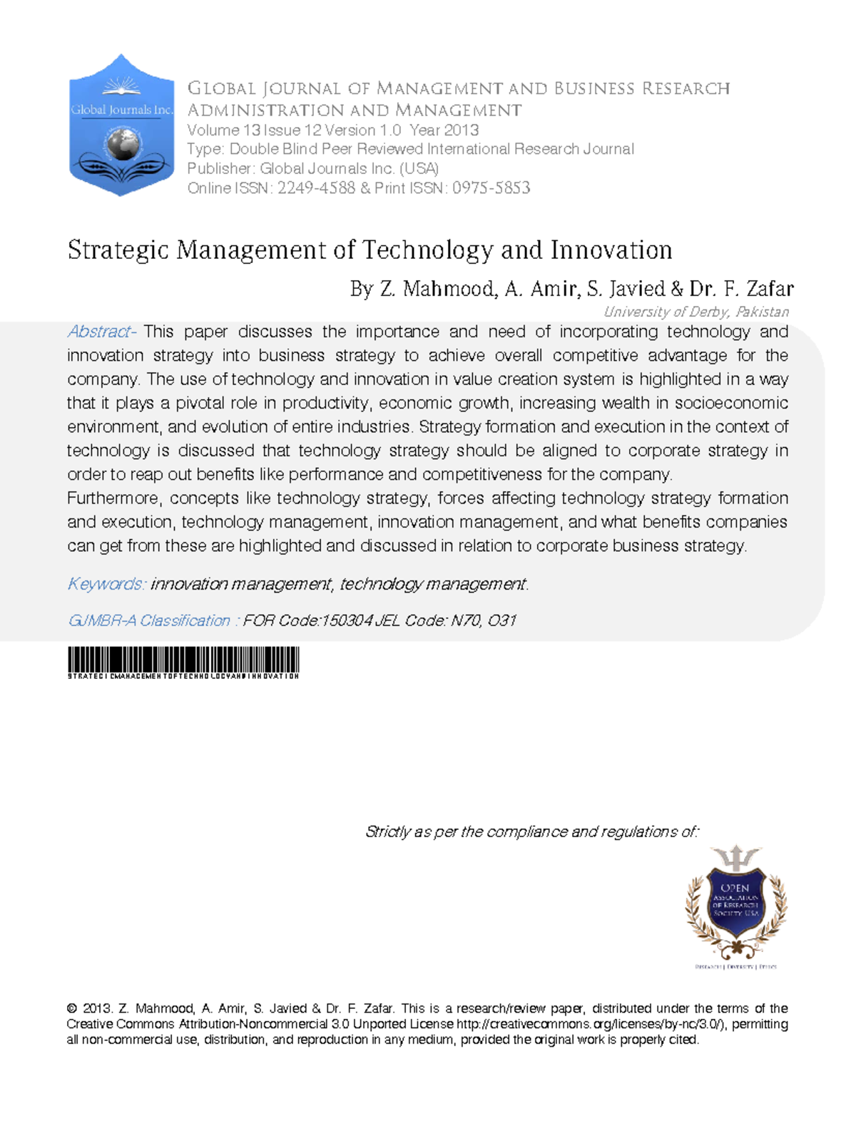 7 Strategic Management of Technology - Global Journal of Management and ...
