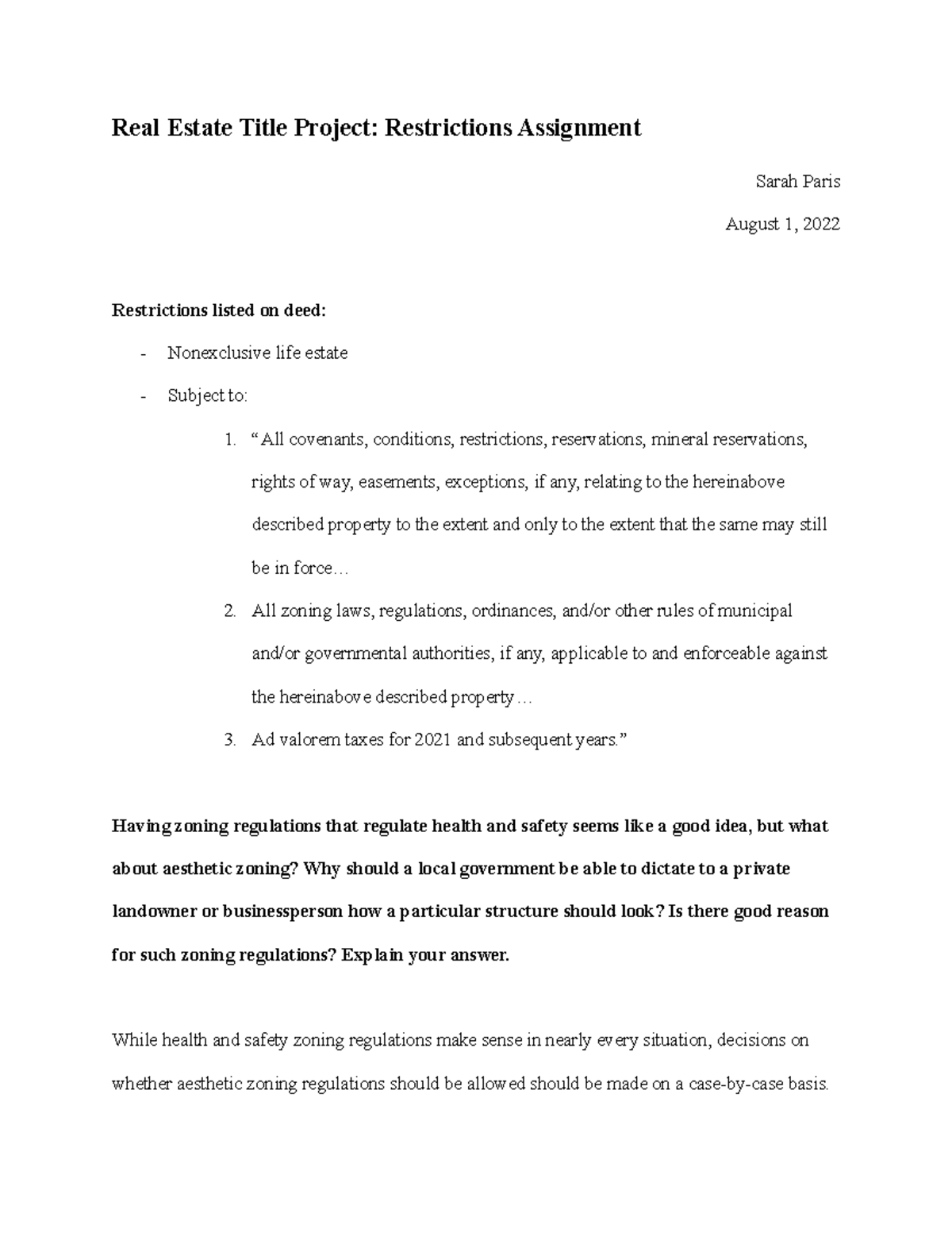 Real Estate Title ProjectRestrictions Assignment Real Estate Title