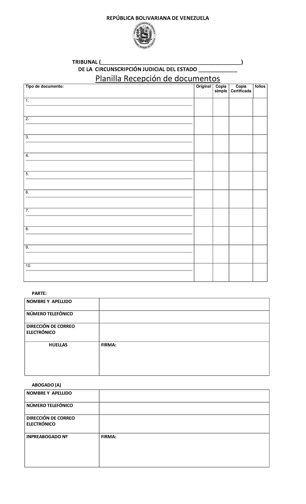 Planilla Recepcion DE Documentos REP BLICA BOLIVARIANA DE VENEZUELA 