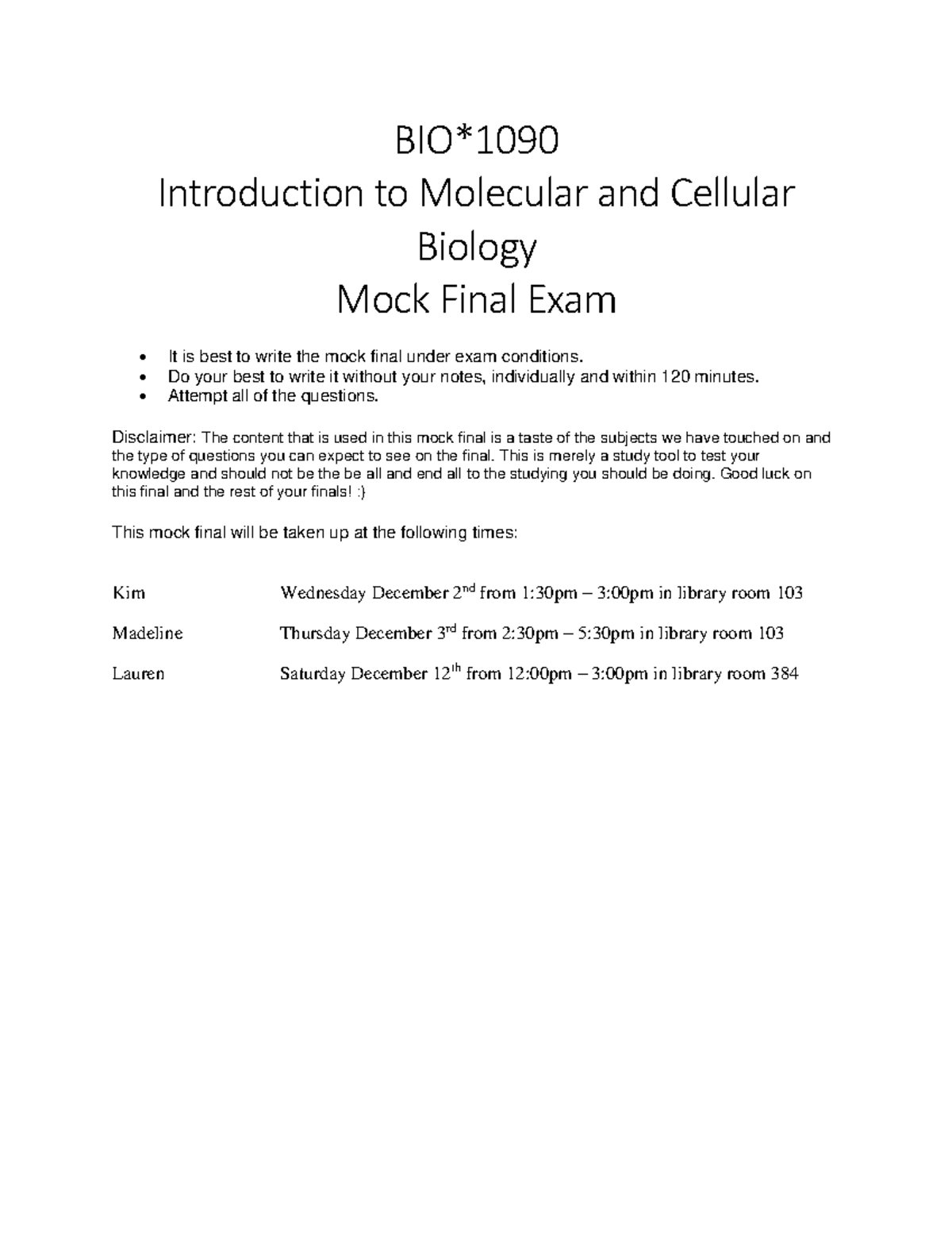 Final Exam 16 2016, Questions And Answers - BIO*1090 Introduction To ...