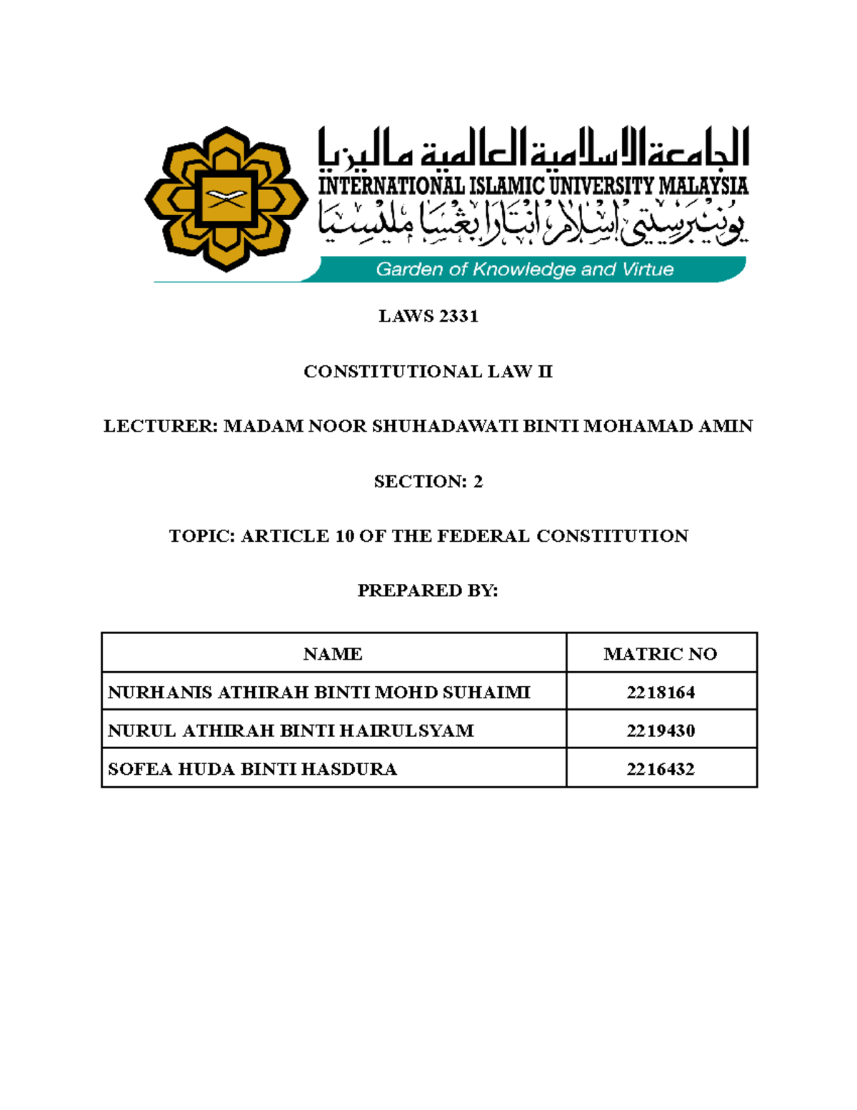 Pbl Written Consti - Assignment - Laws 2331 Constitutional Law Ii 