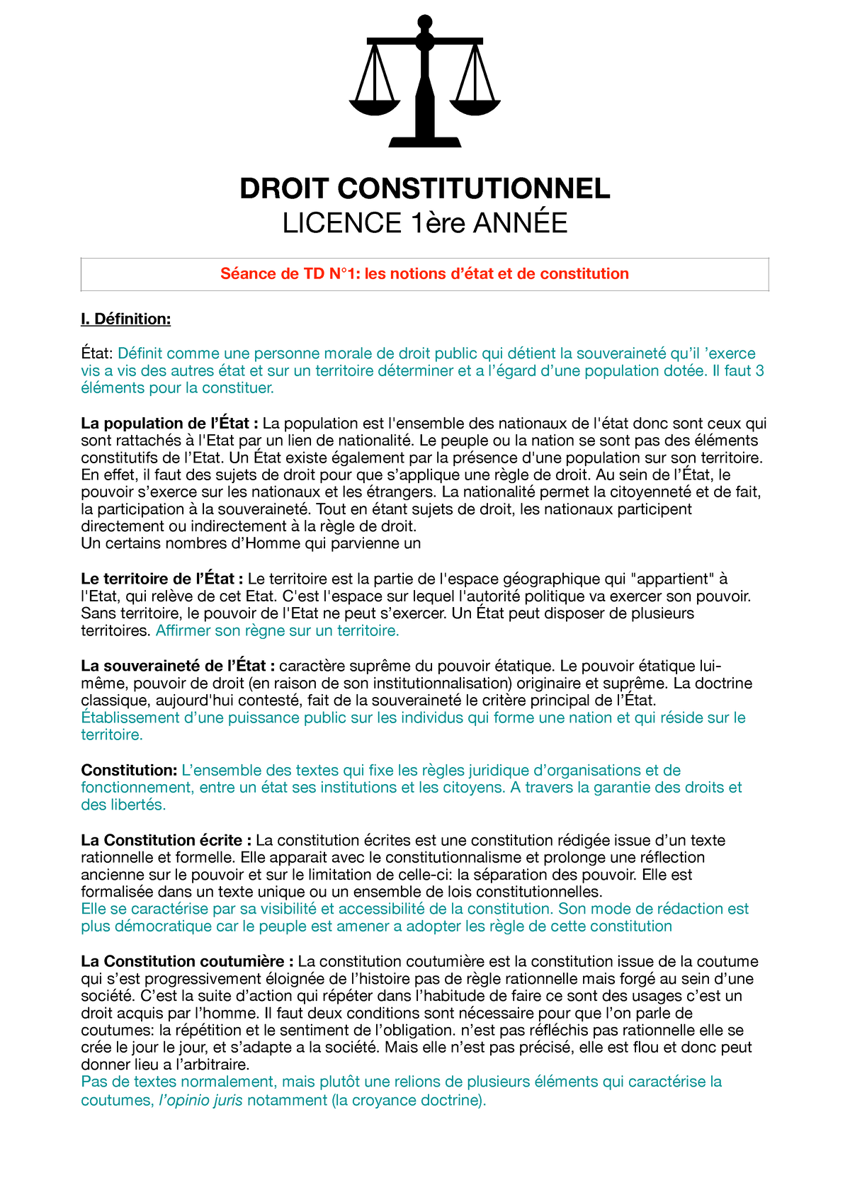 TD N°1 - Droit Constitutionnel - DROIT CONSTITUTIONNEL LICENCE 1ère ...