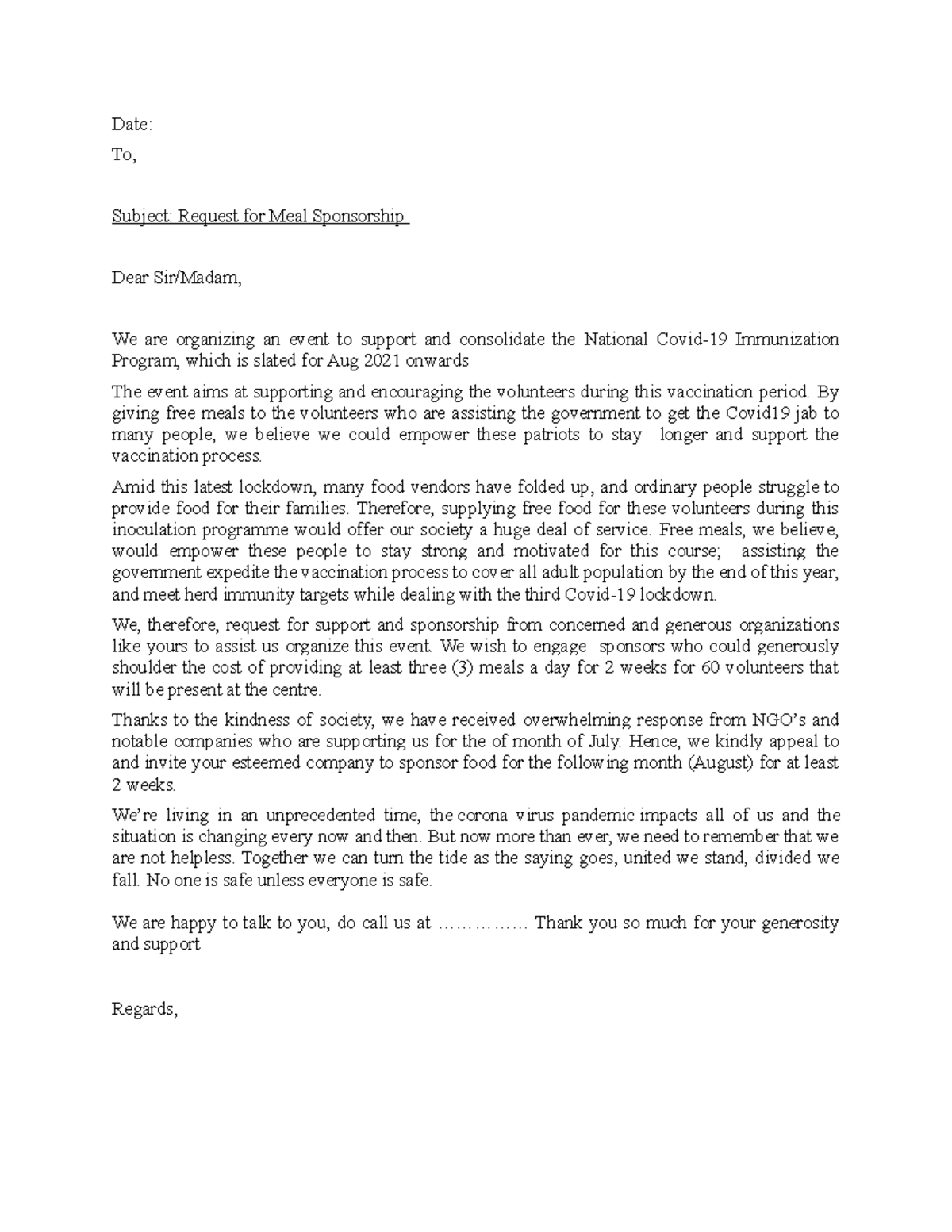 Sponsorship letter for volunteers for COVID 19 - Date: To, Subject ...