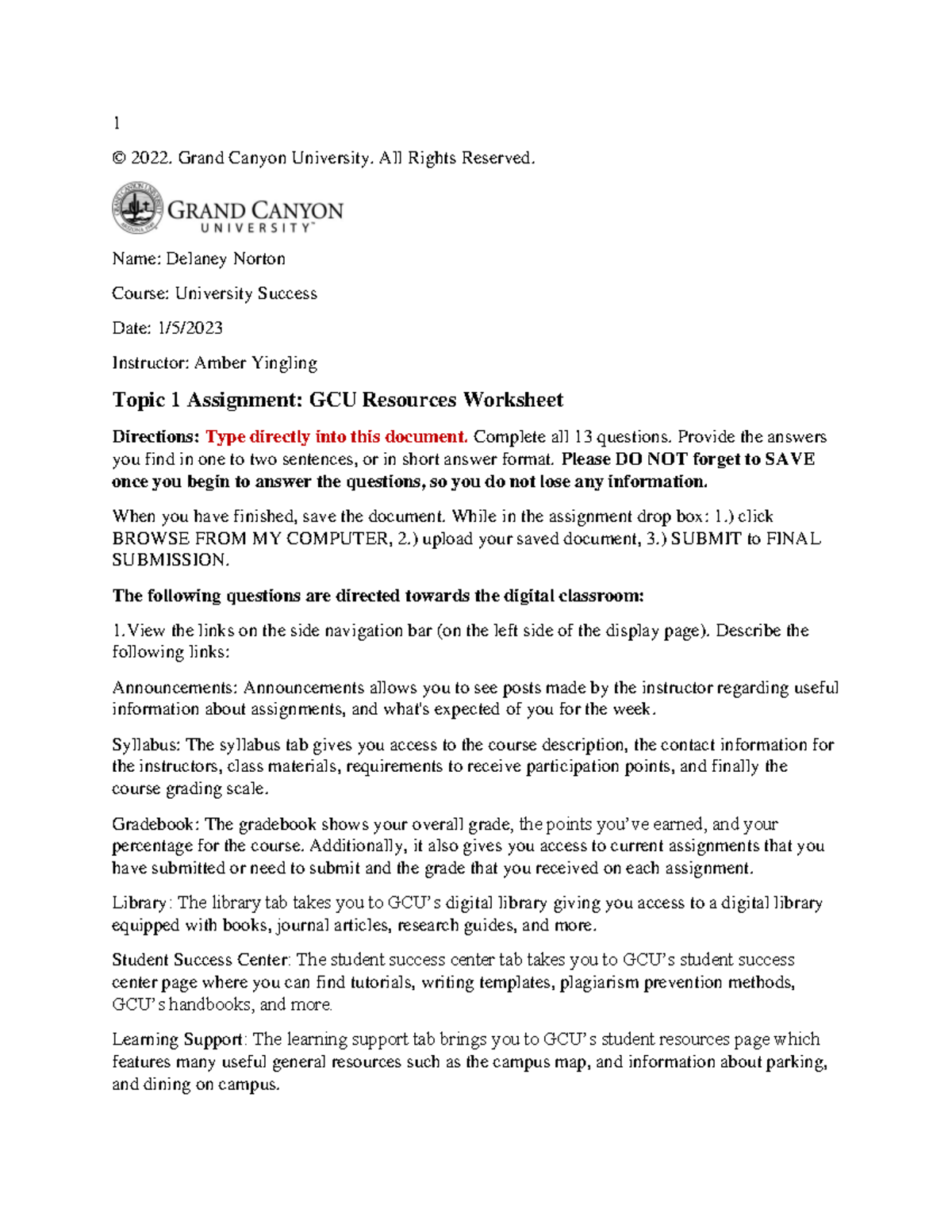 Resources Worksheet 1 © 2022. Grand Canyon University. All Rights