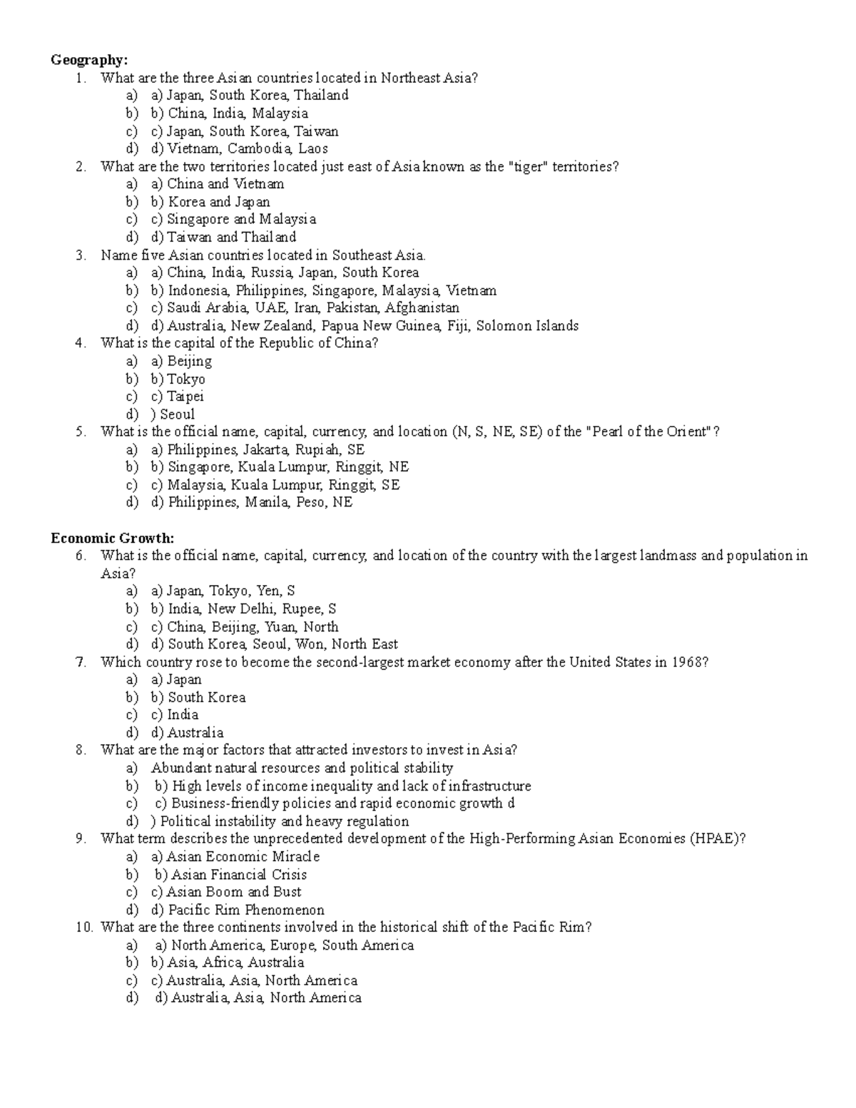 Econ 332 practice quiz.multiple choice - Geography: 1. What are the ...