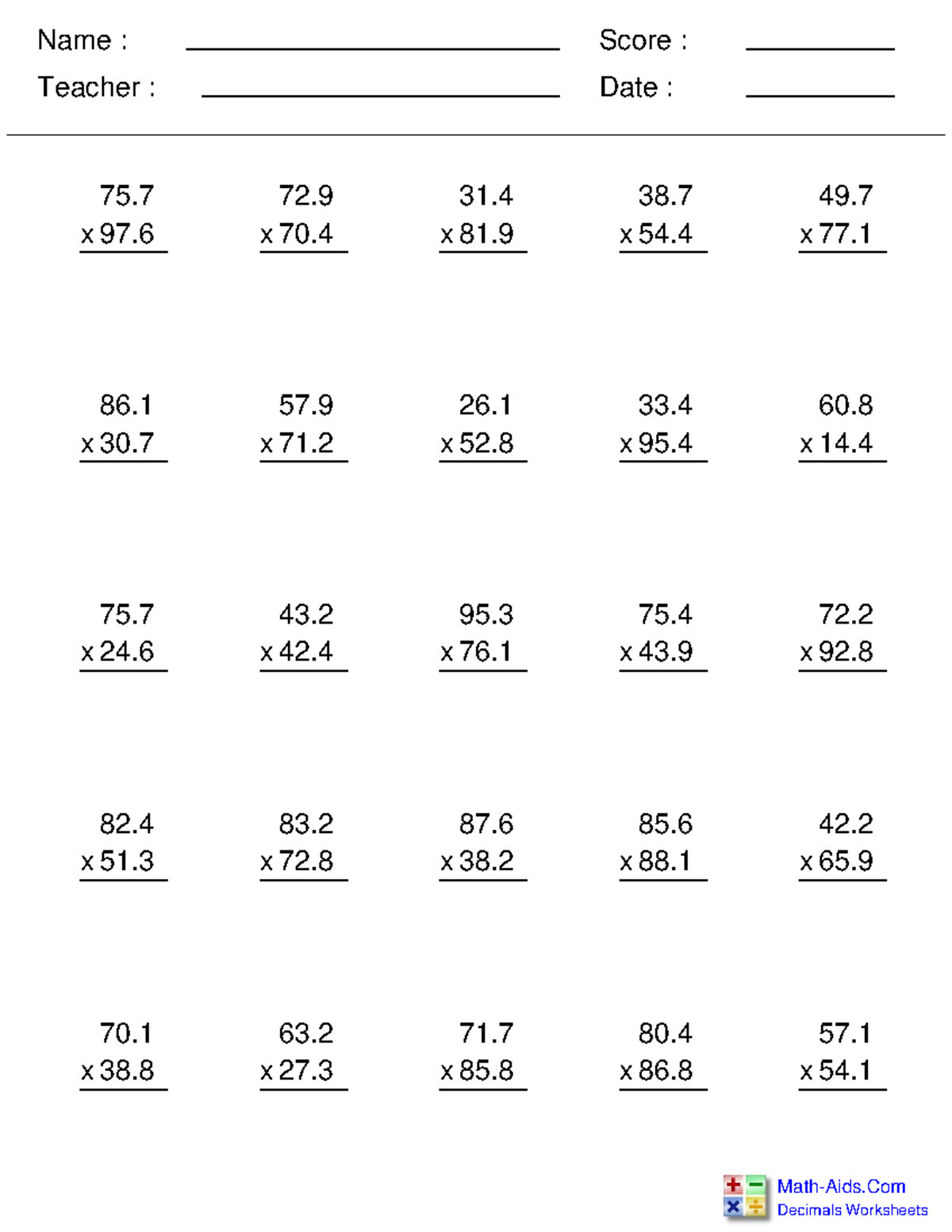 multi decimals in multiplication and division name teacher date score decimals worksheets studocu