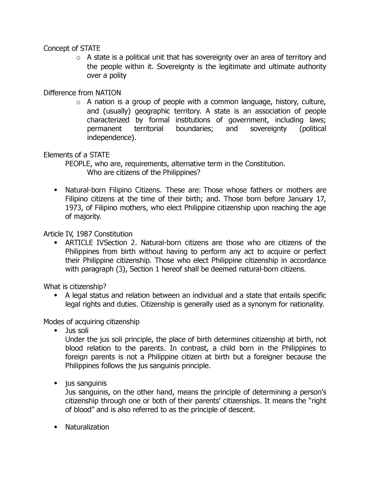 Concept of State - CONSTITUTION 1987 - Concept of STATE o A state is a ...