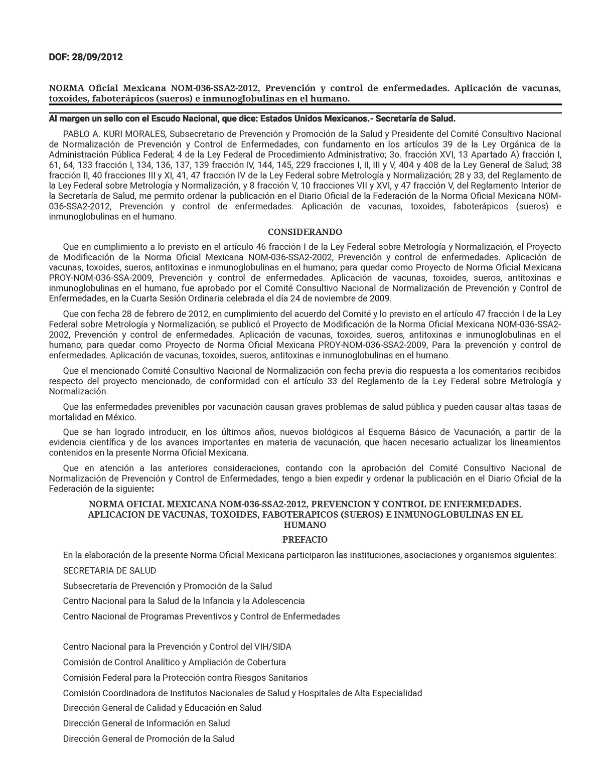 NOM-036-SSA2-2012 , Prevención Y Control De Enfermedades. Aplicación De ...