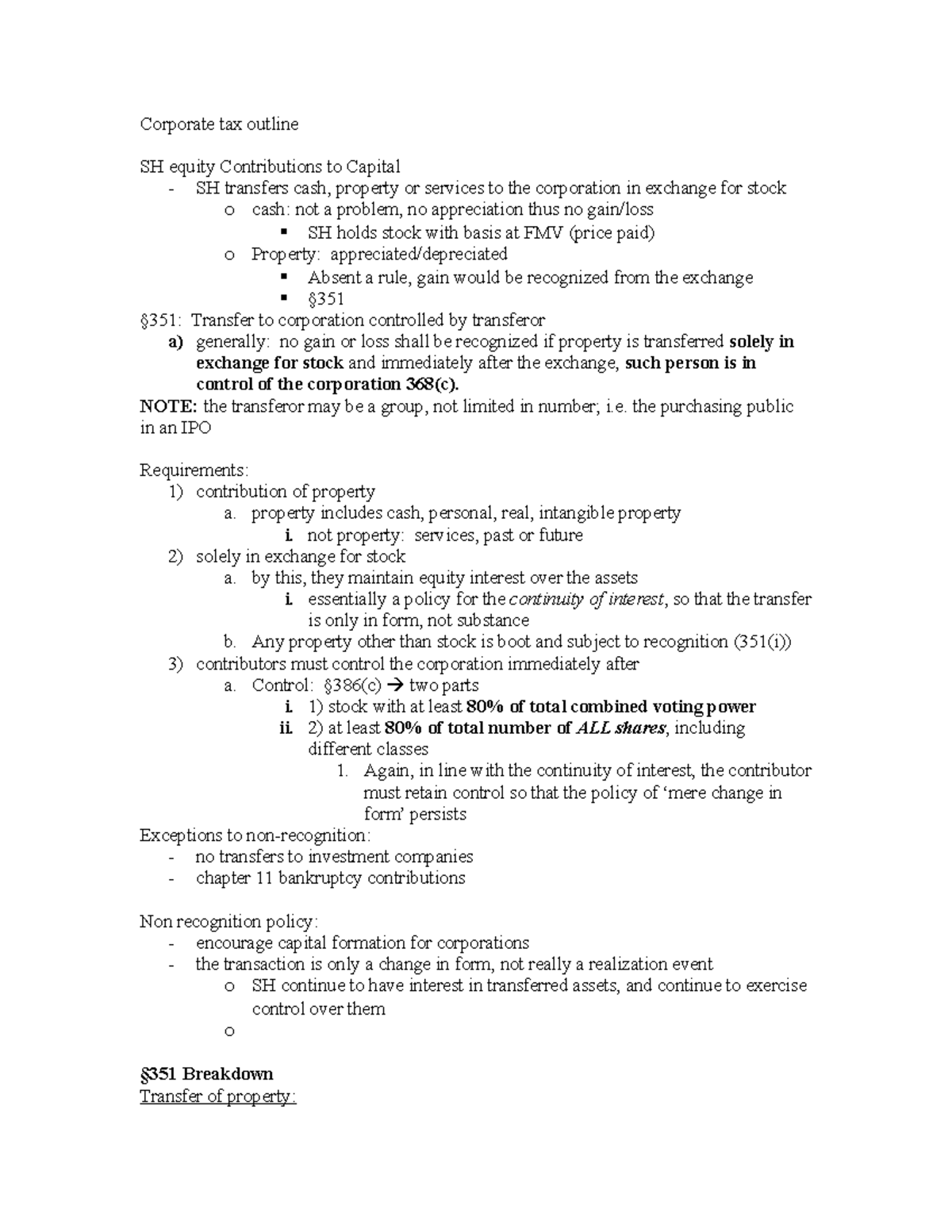 Corporate finance and tax outline - Corporate tax outline SH equity ...