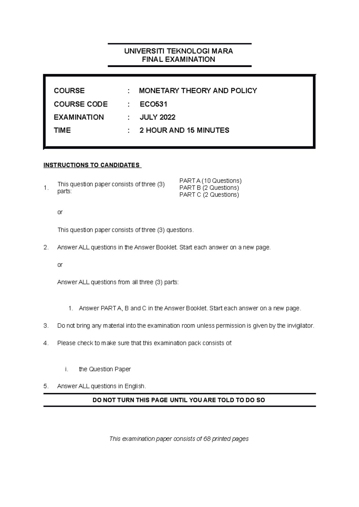 Final Assessment ECO531 JULY 2022 - UNIVERSITI TEKNOLOGI MARA FINAL ...