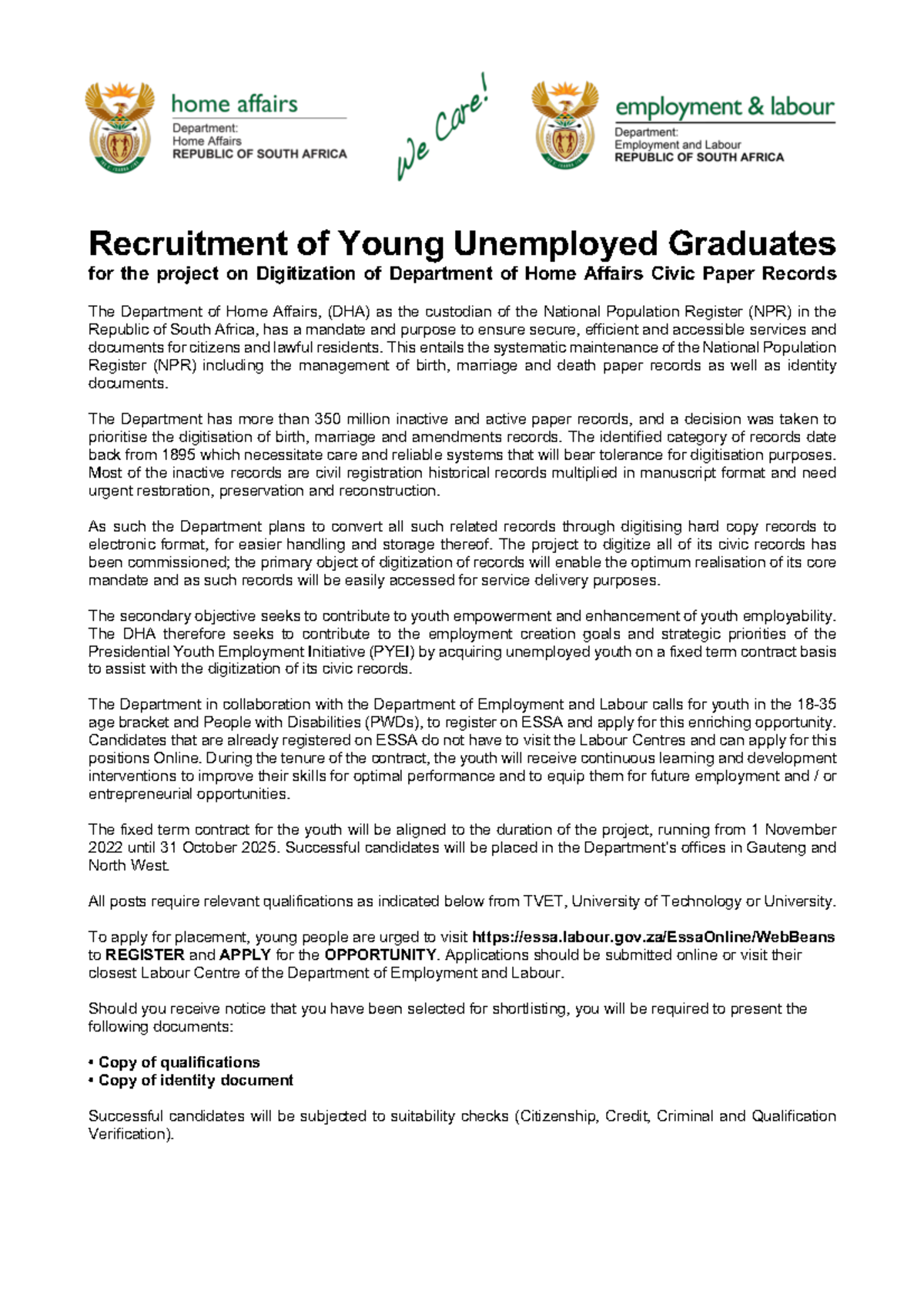 Recruitment of Young Unemployed Graduates 2 - This entails the ...