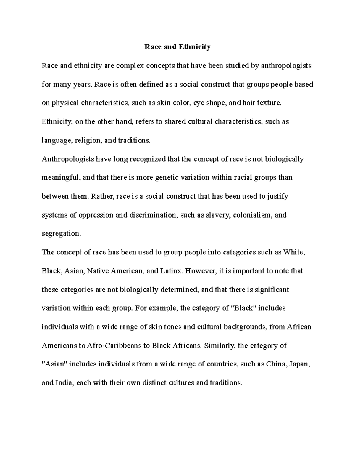 Race and Ethnicity - Class notes - Race and Ethnicity Race and ...