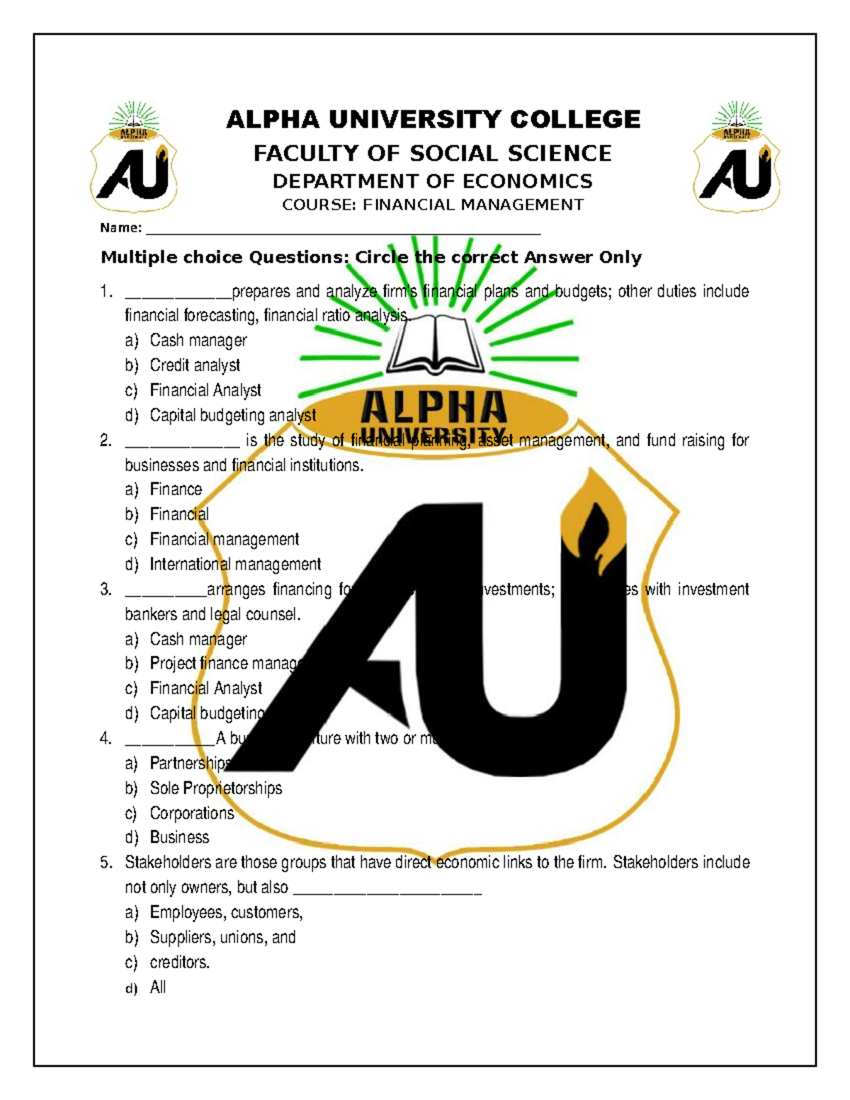 Quiz APTER CH 01 - ALPHA UNIVERSITY COLLEGE FACULTY OF SOCIAL SCIENCE ...