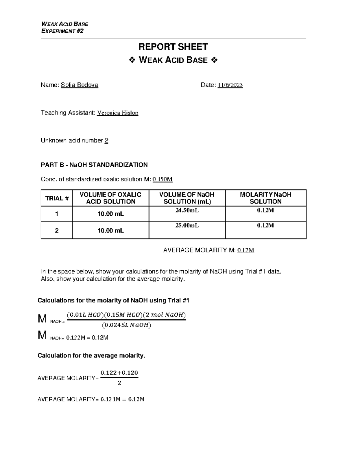 Weak Acid Base Report WEAK ACID BASE EXPERIMENT REPORT SHEET WEAK