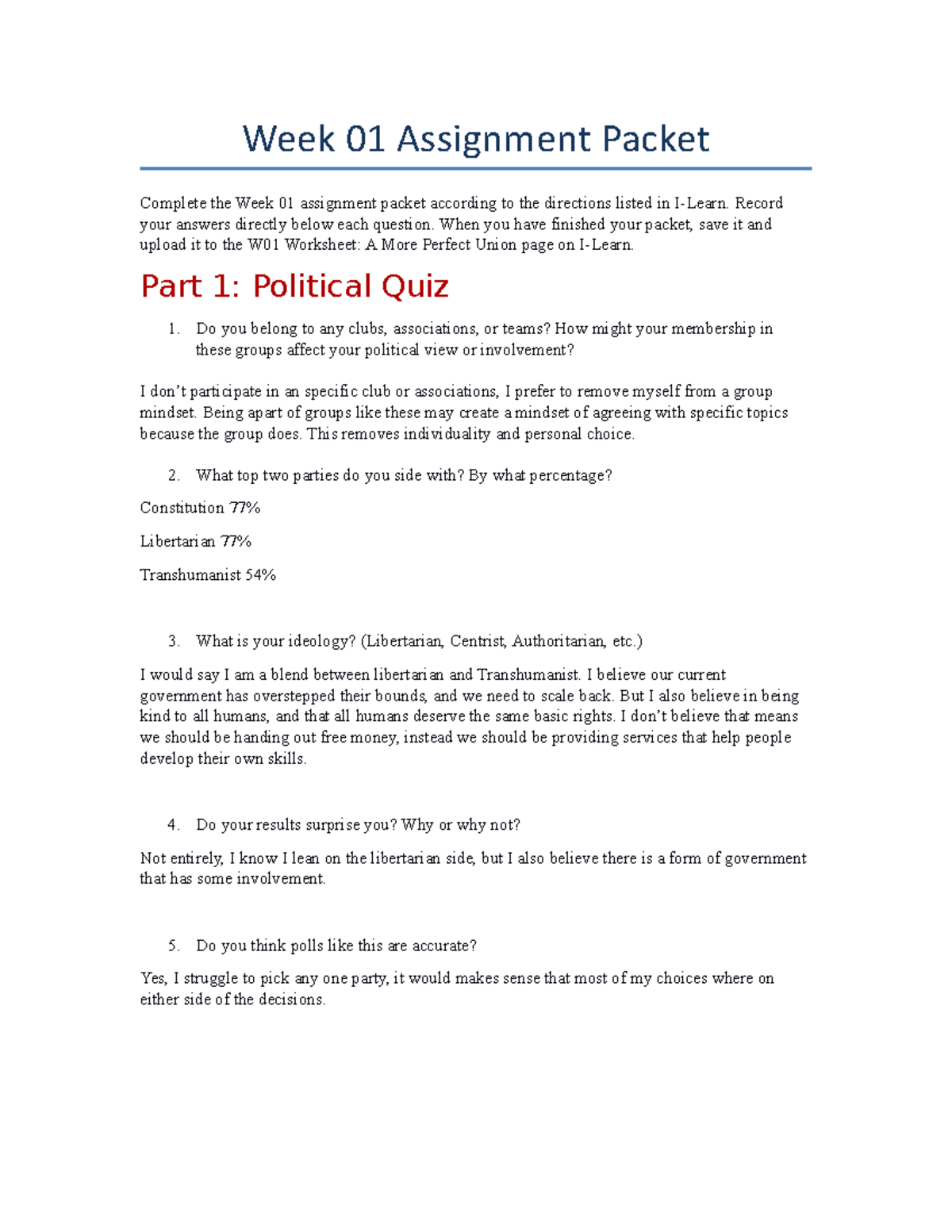 Worksheet Week 1 - Week 01 Assignment Packet Complete the Week 01 ...