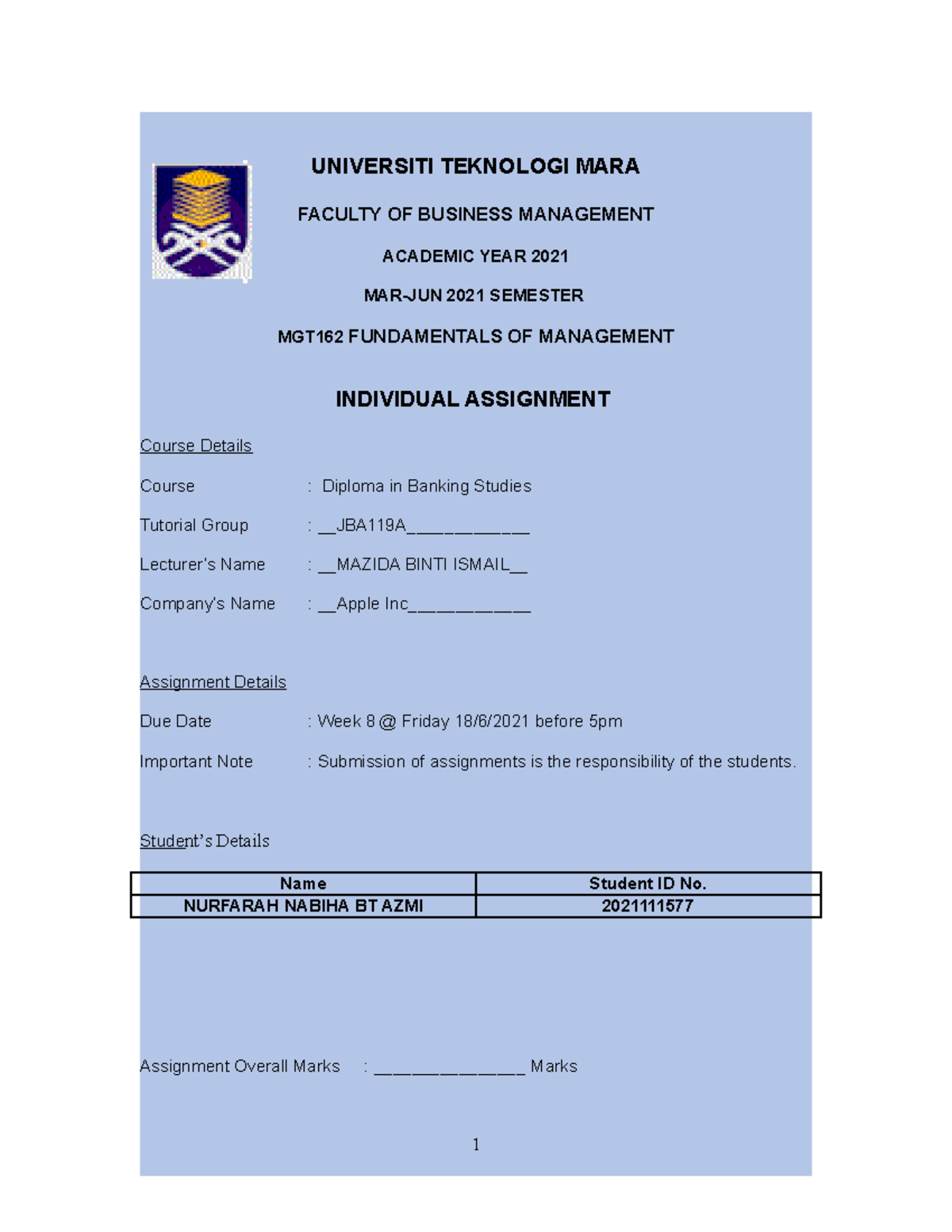 Individual Assignment MGT162 - UNIVERSITI TEKNOLOGI MARA FACULTY OF ...