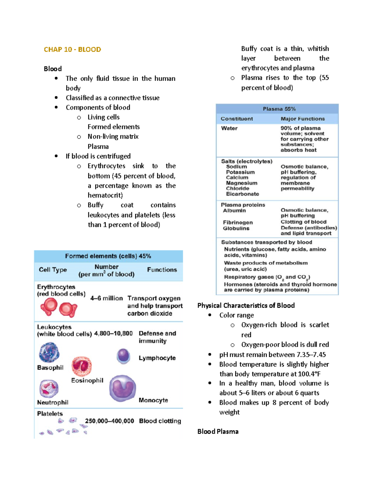 CHAP 10 - Blood - CHAP 10 - BLOOD Blood The only fluid tissue in the ...