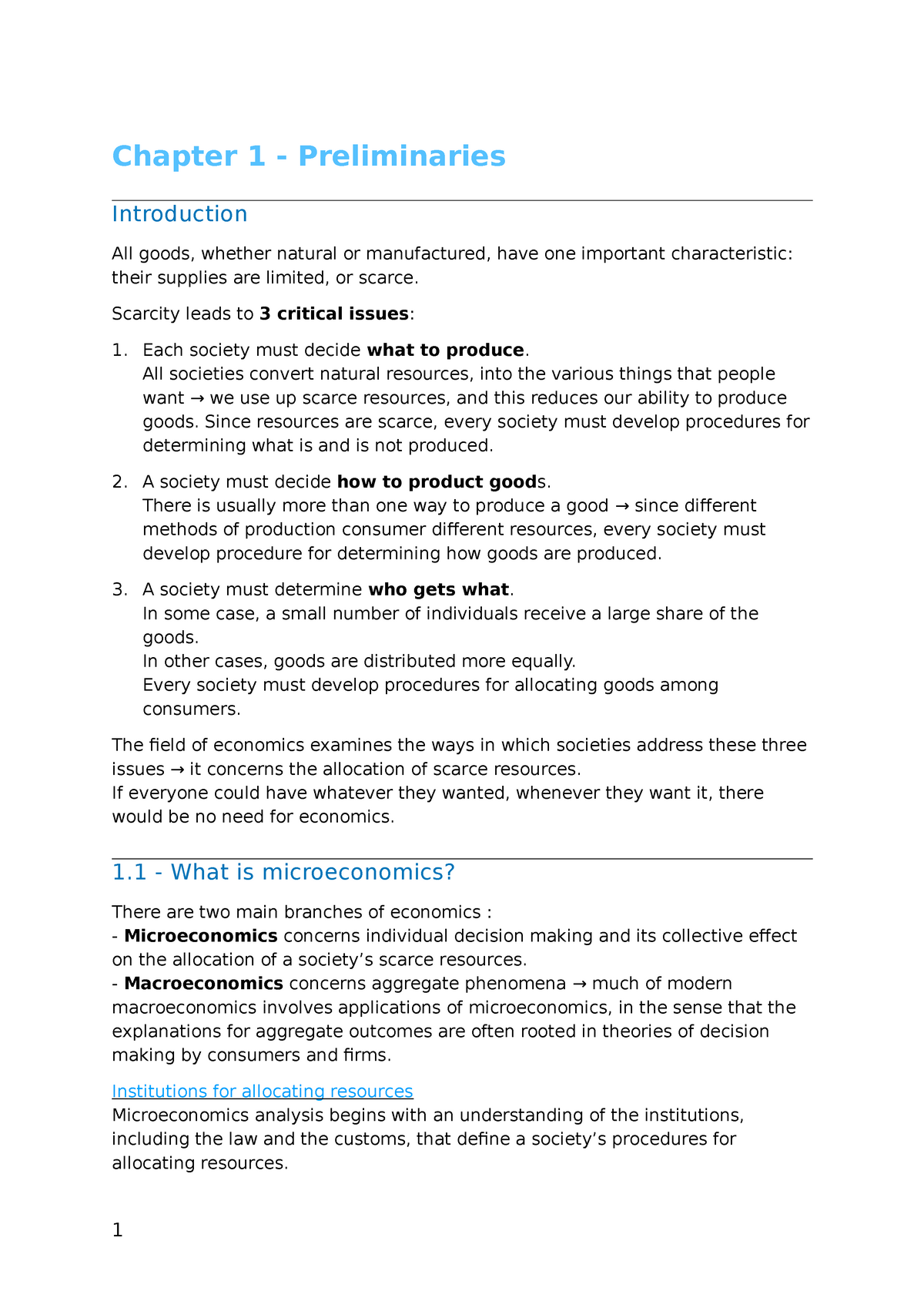 Microeconomics - Chapter 1 - Chapter 1 Preliminaries Introduction All ...